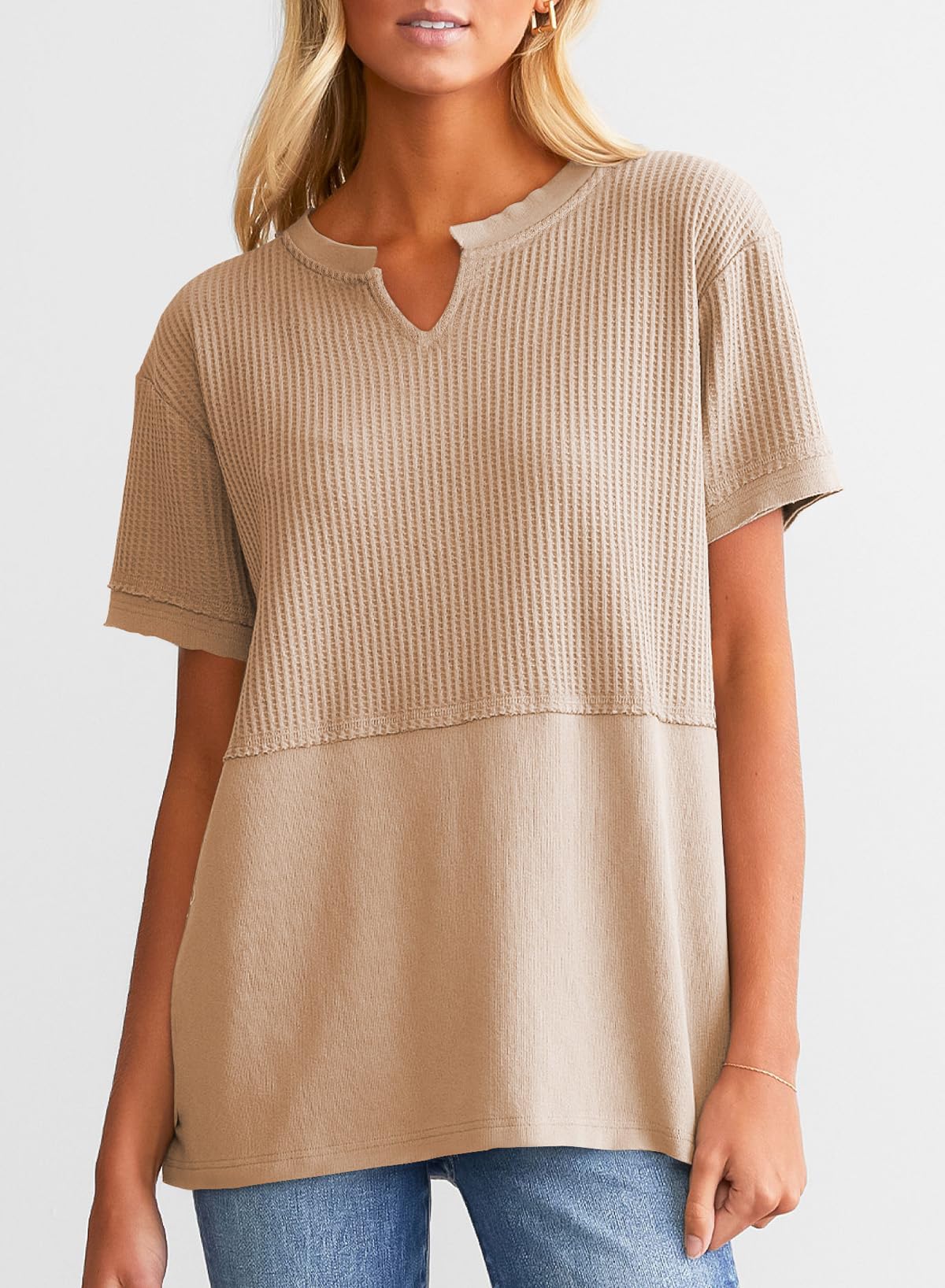 SHEWIN Women's Casual V-Neck Waffle Knit Top - Short Sleeve Loose Blouse T-Shirt for Summer, Travel & Everyday Wear