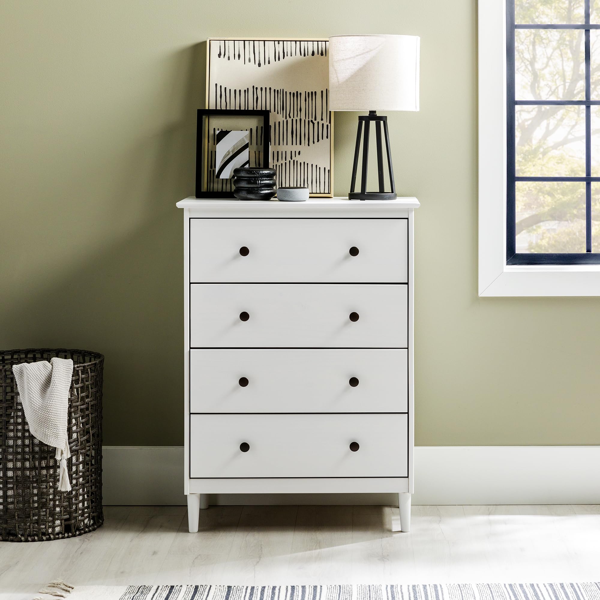 Walker Edison 4-Drawer Tall Wood Dresser - White, Bedroom Storage Organizer for Closet & Hallway | Perfect for Home, Office & Dorm Room Organization