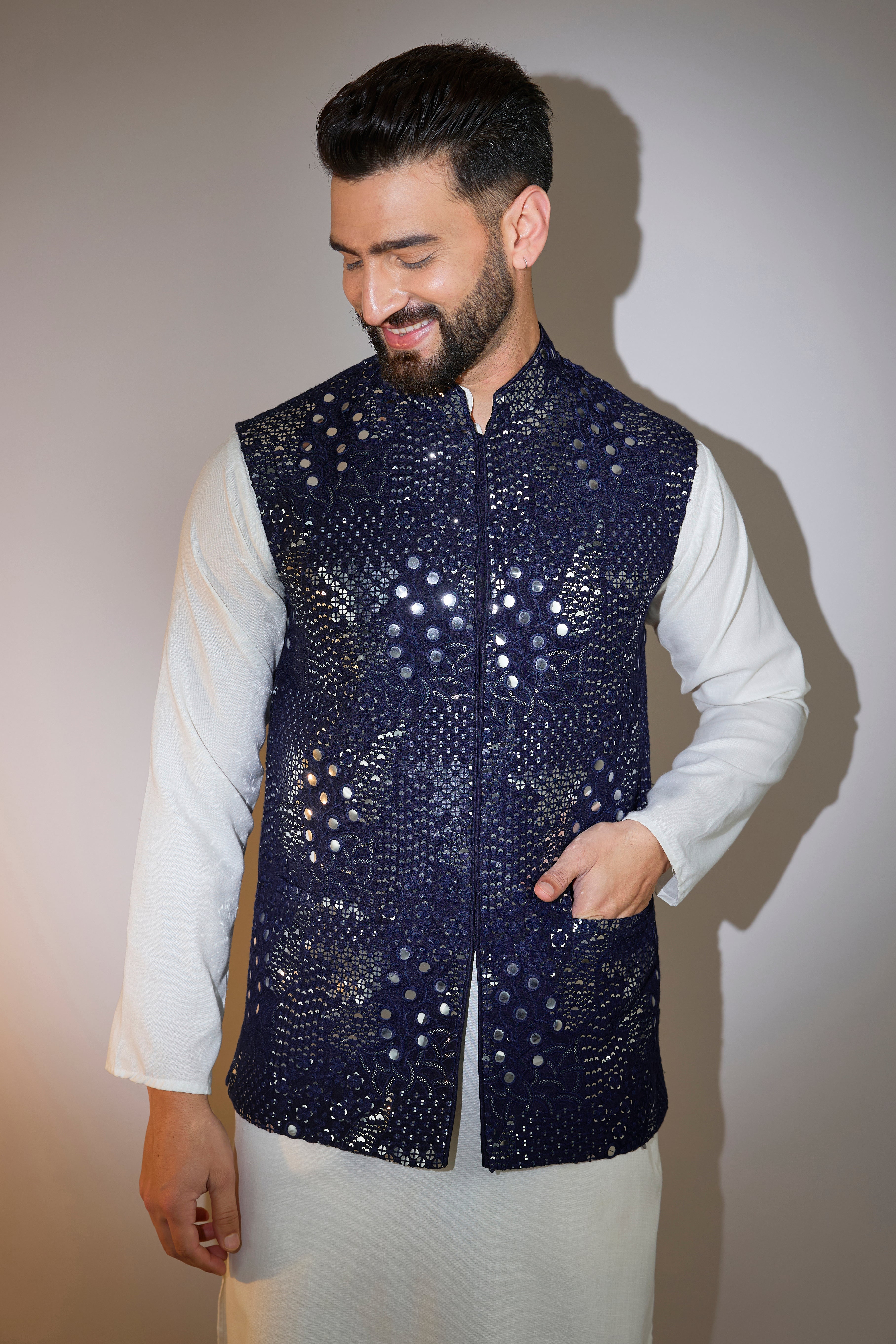 Navy Blue Short Mirror Work Jacket for Women - Stylish Embroidered Denim Jacket for Casual Outfits & Boho Fashion