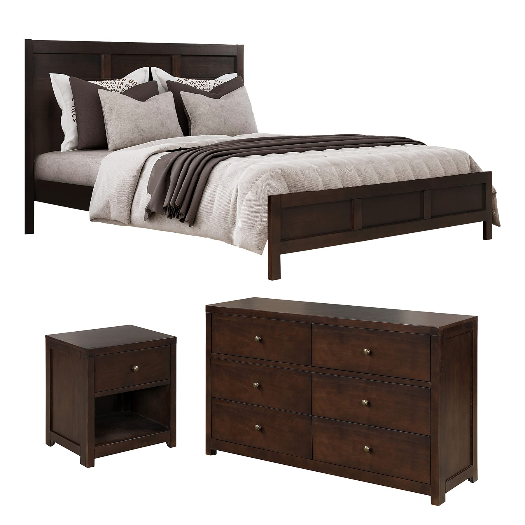 Luxury Vintage Bedroom Furniture Set - King Size 3-Piece (Bed, Nightstand, Dresser) - Solid Wood Frame, Classic Brown Finish - Elegant & Durable Master Bedroom Decor for Home & Hotel Use