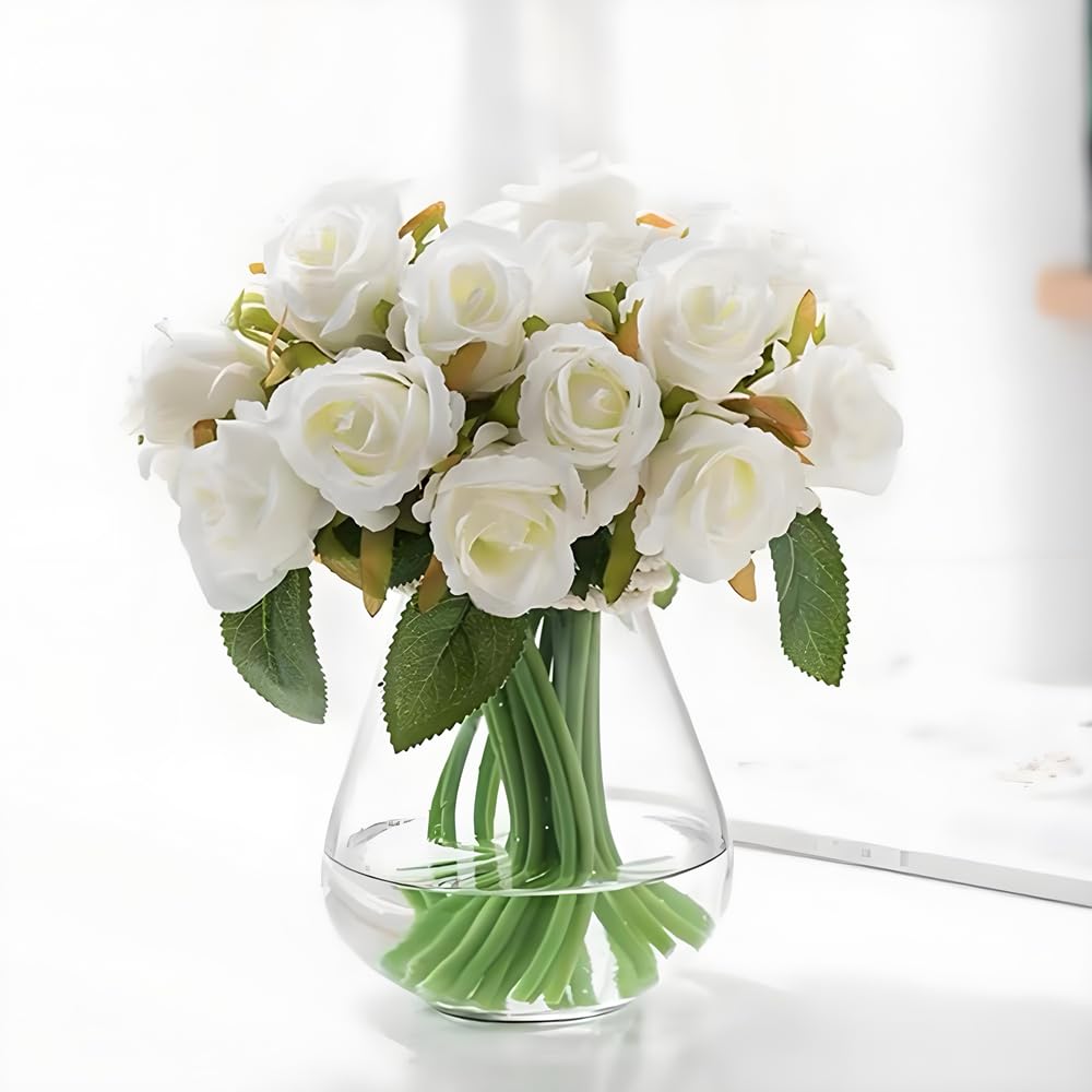 12 Pack Artificial Silk Roses - DIY Bouquet for Home, Office, Parties, Weddings & Table Centerpieces - Spring White (No Vase Included) | Perfect for Bridal Decor, Event Styling & Home Décor
