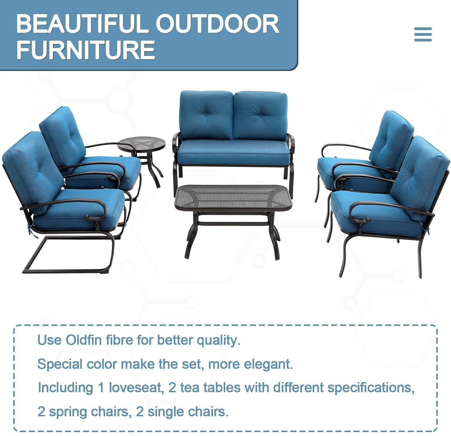 SOLAURA 7-Piece Outdoor Metal Patio Furniture Set - 2 Spring Chairs, 2 Patio Chairs, Loveseat with Coffee Table & Side Table in Peacock Blue - Perfect for Garden, Backyard, Poolside & Outdoor Relaxation