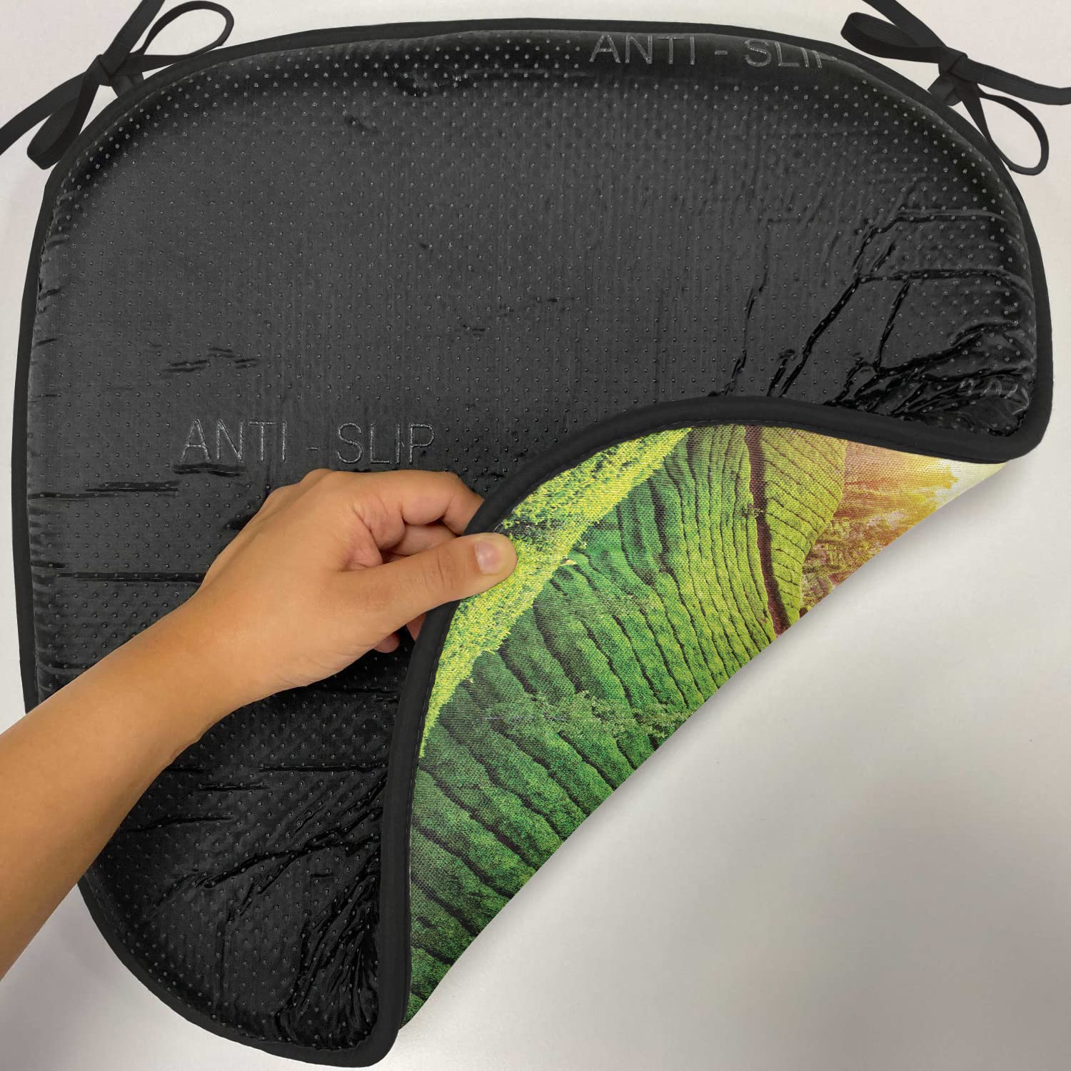Lunarable Country Chair Cushion Pads Set of 12 - Sunset Fields Scenic Valley Nature Print, Anti-Slip Kitchen & Patio Seat Cushions, 16x16 Inches, Orange & Green - Perfect for Outdoor Dining, Garden Chairs, and Cozy Home Decor