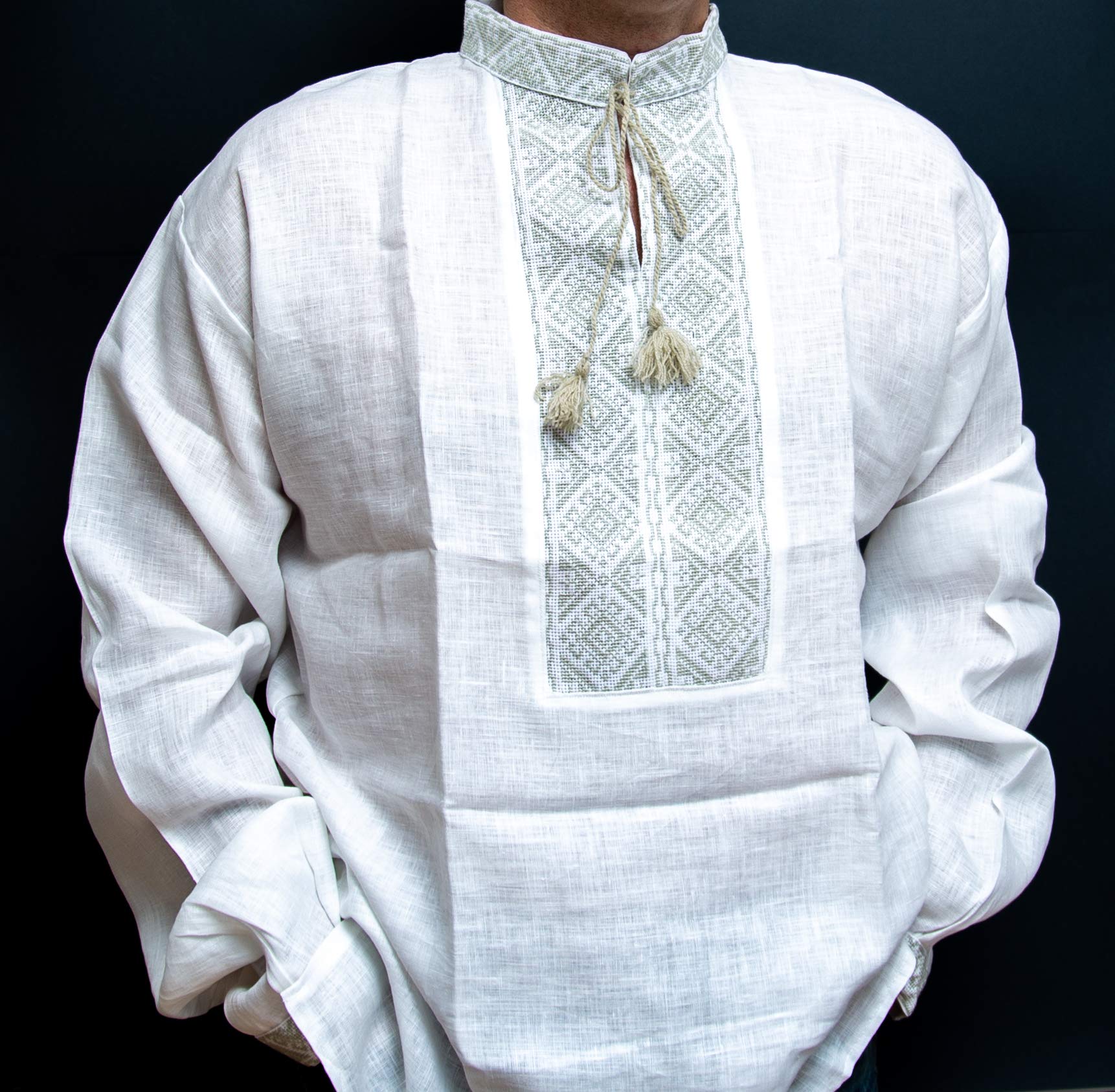 Authentic Ukrainian Vyshyvanka - Slavic Traditional Hand Embroidered Linen Shirt for Men, White Olive (Medium) - Perfect for Cultural Events, Weddings & Folk Festivals