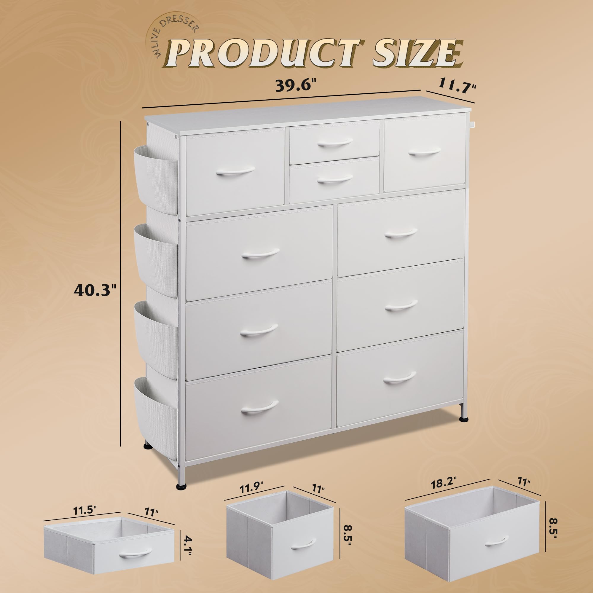 WLIVE 10-Drawer White Dresser for Bedroom - PU Storage Chest with Side Pockets & Hooks, Sturdy Metal Frame Dresser Organizer - Perfect for Bedroom, Living Room, Hallway & Closet Storage Solutions