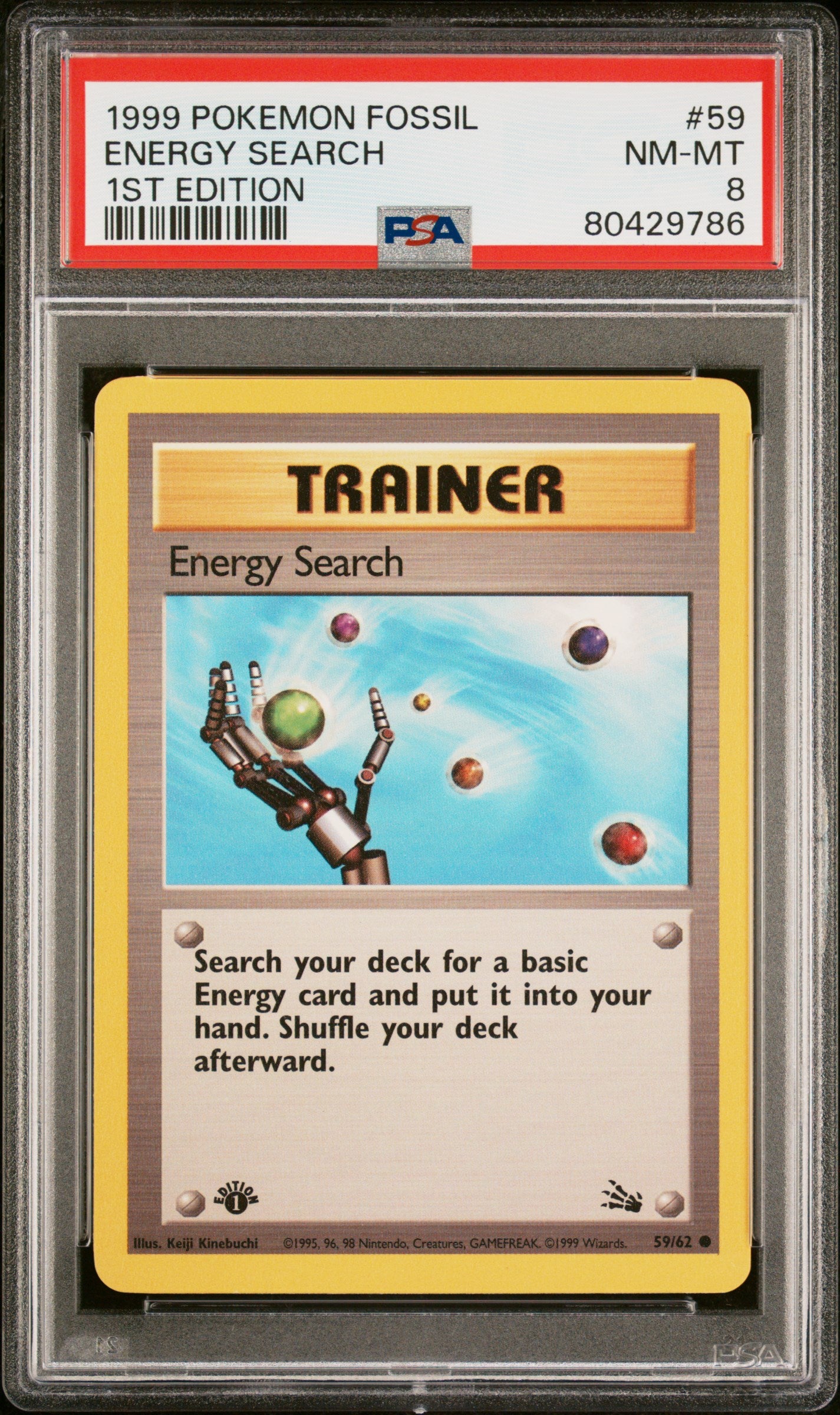 1999 Pokemon Fossil Energy Search #59 First Edition PSA 8 Graded Card - Rare Collectible for Trading Card Game Enthusiasts & Pokemon Fans - Perfect for Display, Investment, and Competitive Play
