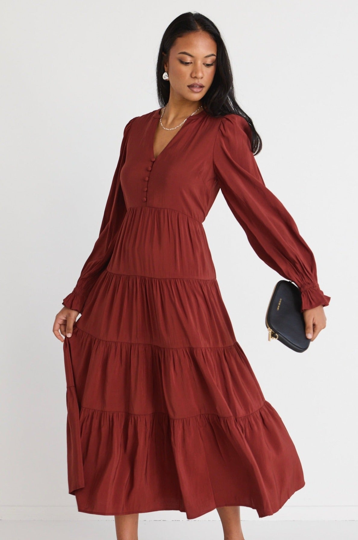 Elegant Copper Long Sleeve Button Front Tiered Maxi Dress for Women - Perfect for Fall Weddings, Holiday Parties & Special Occasions