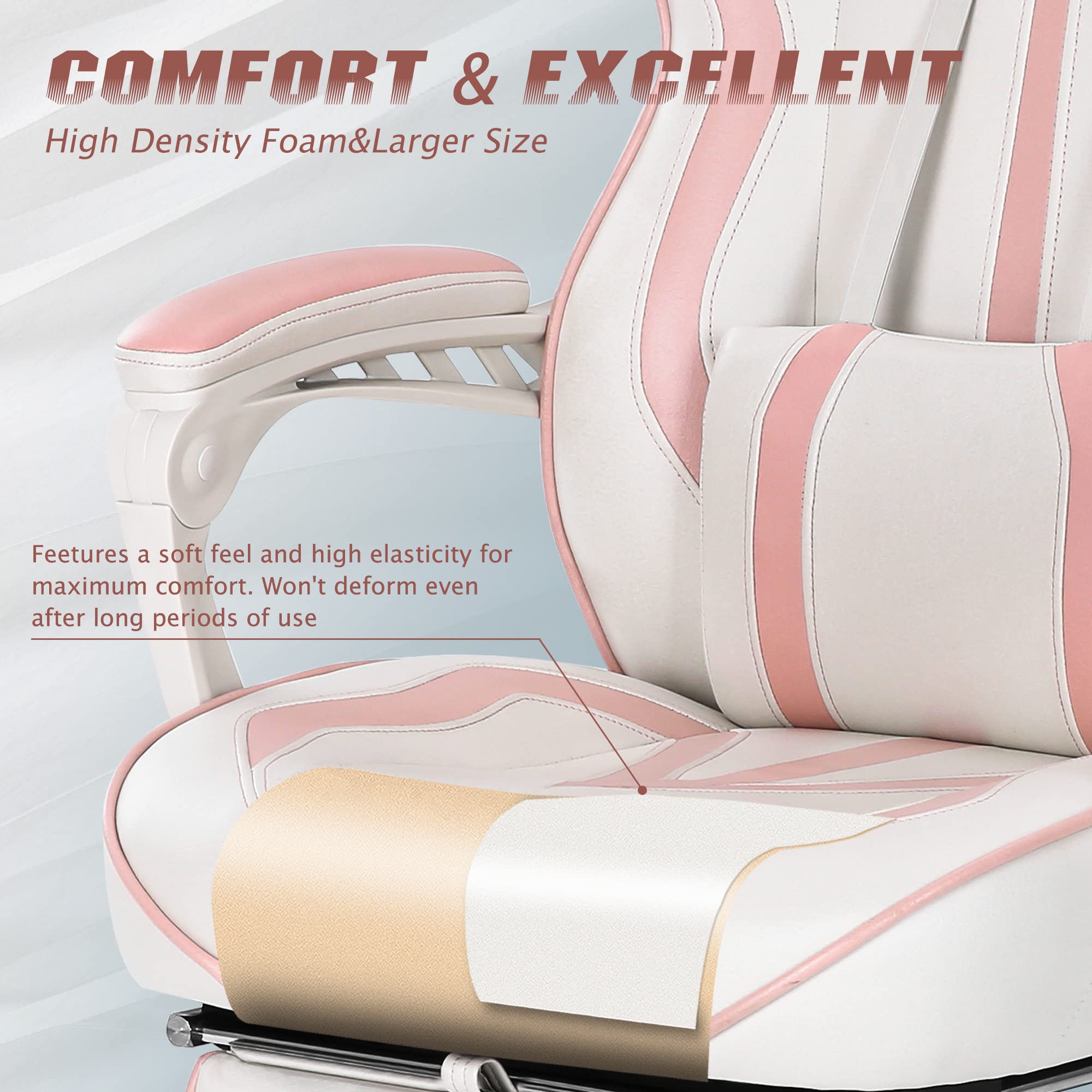 Vonesse Pink Gaming Chair for Girls & Women - Ergonomic High Back Computer Gaming Chair with Reclining Feature, Footrest & Massage - Perfect for Home Office, Streaming & Esports (White/Pink)