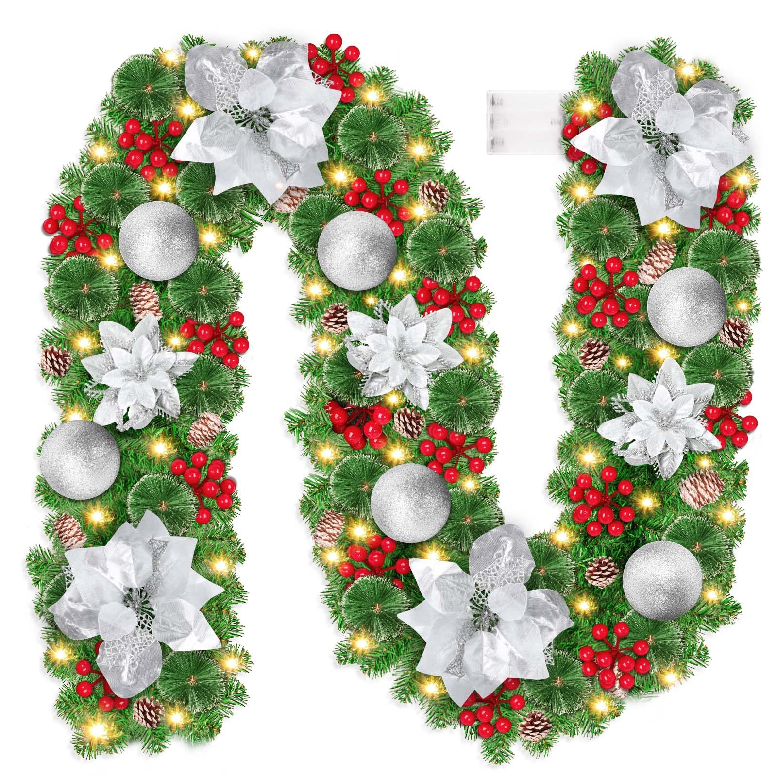 9 FT LED Christmas Garland - 200 Pieces Green Rattan Artificial Holiday Decor with Battery Lights for Stairs, Wall, Door - Indoor & Outdoor Christmas Decoration (Perfect for Holiday Parties, Home Decor, and Festive Lighting)