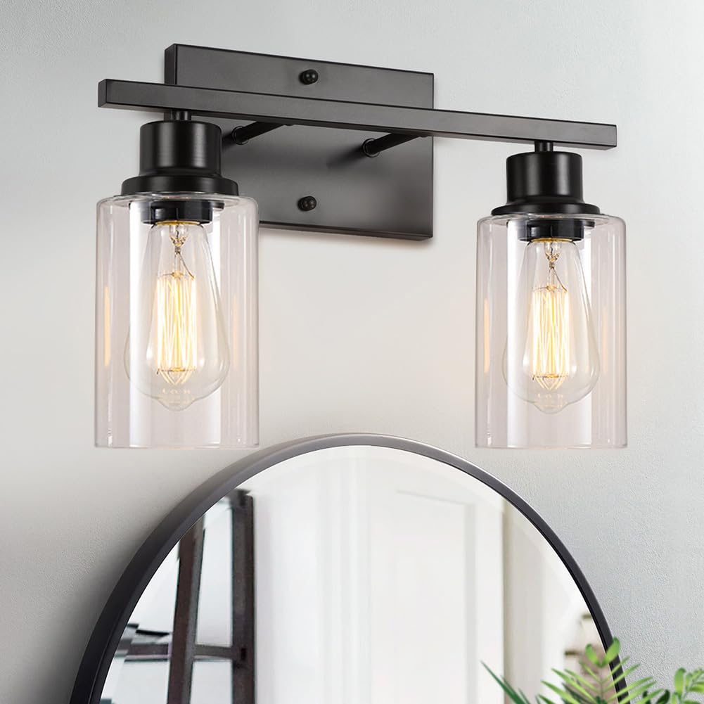 2-Light Black Bathroom Vanity Light Fixture with Clear Glass Shade - Modern Wall Sconce for Bathroom, Bedroom & Living Room - Perfect Over Mirror Lighting for Washroom, Dressing Area and Home Decor