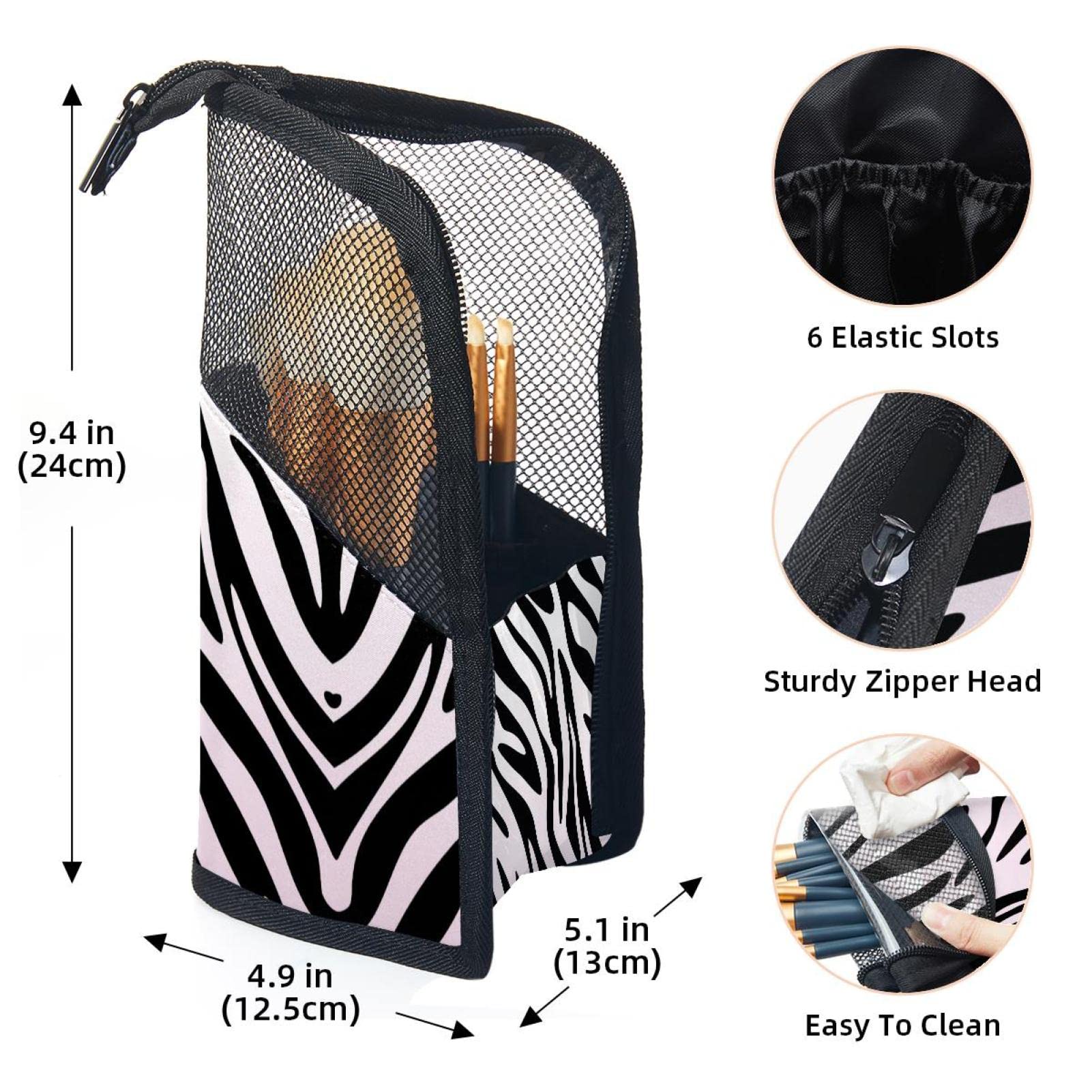 Portable Pink Zebra Stripes Makeup Brush Organizer Bag with 12 Brush Holder - Perfect for Travel, Home Vanity & Professional Makeup Artists