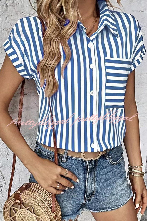 Men's Striped Print Short Sleeve Pocket Shirt - Casual Summer Button Down Top for Beach, Office & Outdoor Activities