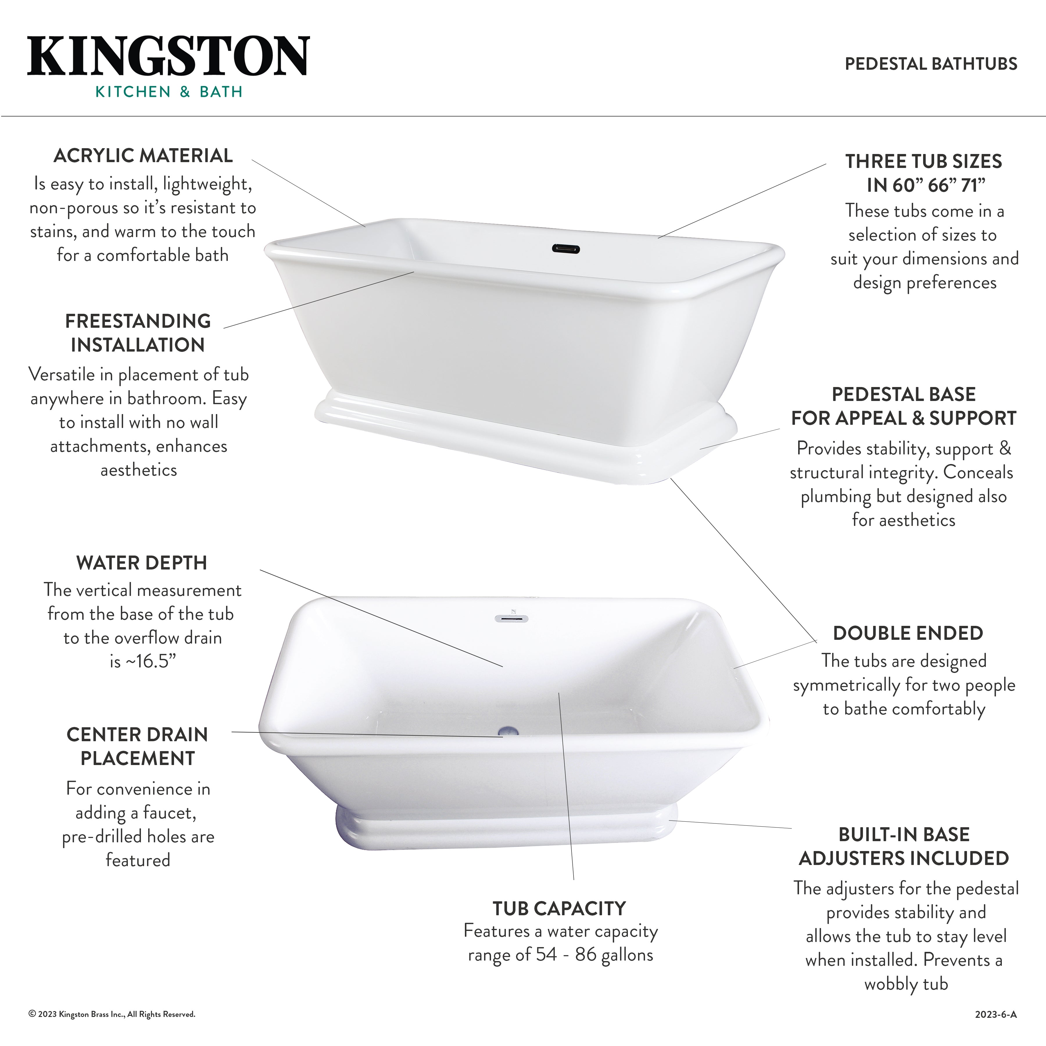 Aqua Eden 66 Inch Acrylic Oval Rectangular Double Ended Pedestal Bathtub - Glossy White Freestanding Soaking Tub with Drain (No Faucet Holes) for Luxury Bathroom & Spa Relaxation at Home