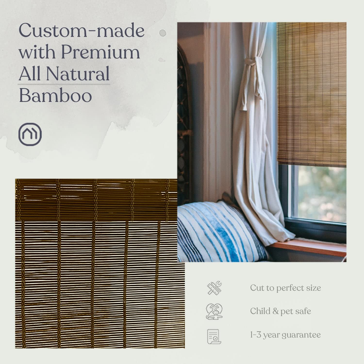 Custom Bamboo Roman Shades - Cordless Top Down Bottom Up Modern Window Treatment | Natural Woven Sheer Fabric | 48.5