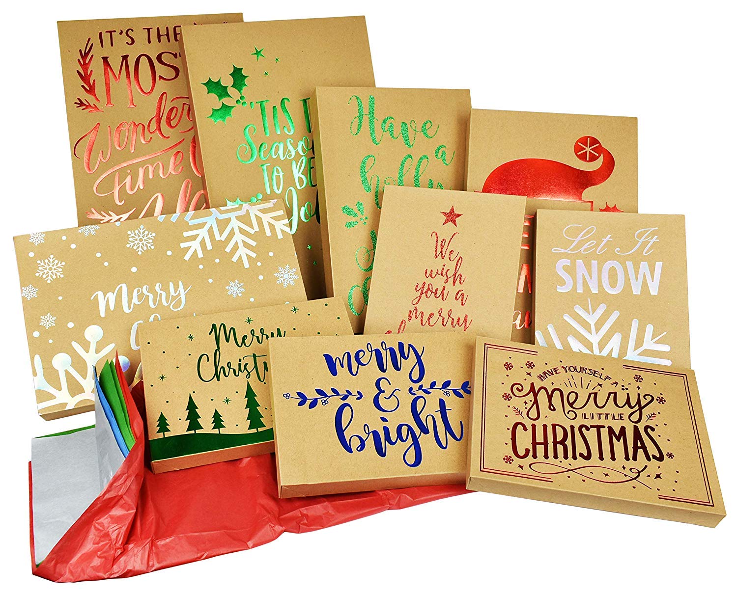 10 Pack Christmas Kraft Gift Boxes with Foil Designs & Tissue Paper - Holiday Gift Wrapping Set for Christmas Presents, Party Favors, and Corporate Gifts