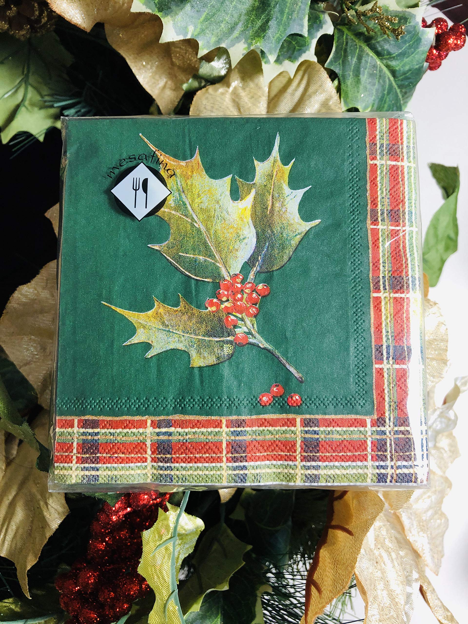 40-Count 5x5 Holly Christmas Napkins - Decorative Holiday Dinner & Cocktail Paper Napkins for Christmas Parties, Decoupage, and Beverage Service