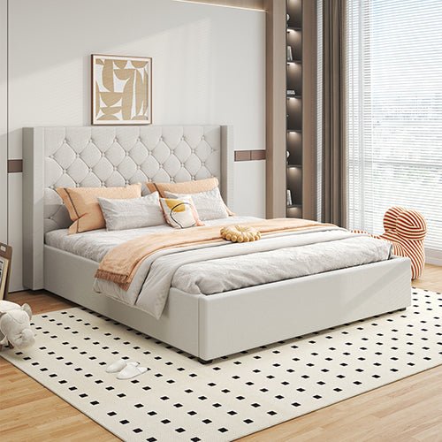 Bedzy Luxe Veronica King Size Bed Frame - Grey Linen Upholstered Platform Bed with Wooden Slats | Perfect for Master Bedroom, Guest Room & Modern Home Decor