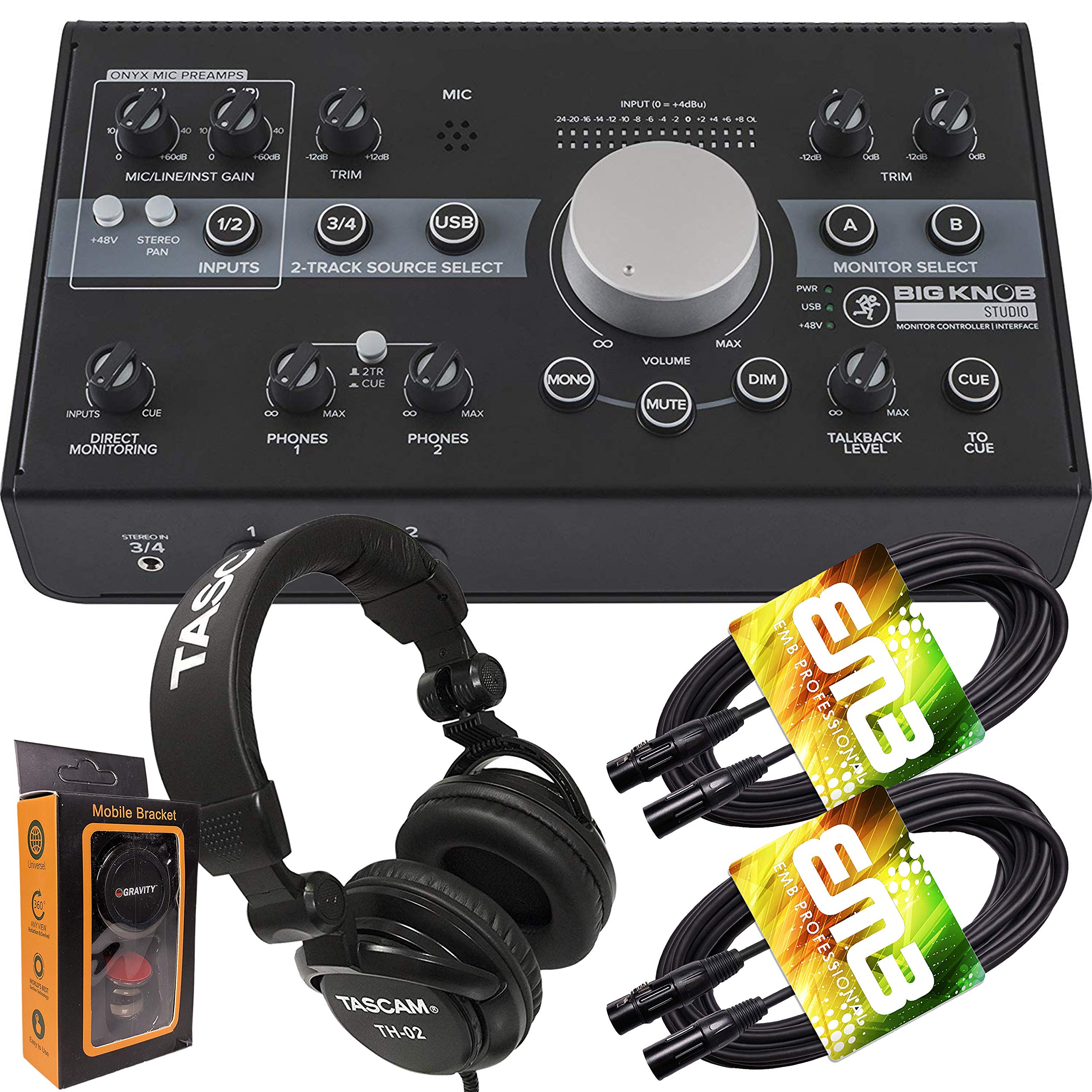 Mackie Big Knob 3x2 Studio Monitor Controller with Pro Headphone Amp, EMB XLR Cables & Magnetic Phone Holder Bundle - Perfect for Home Recording, Podcasting & Music Production Studios