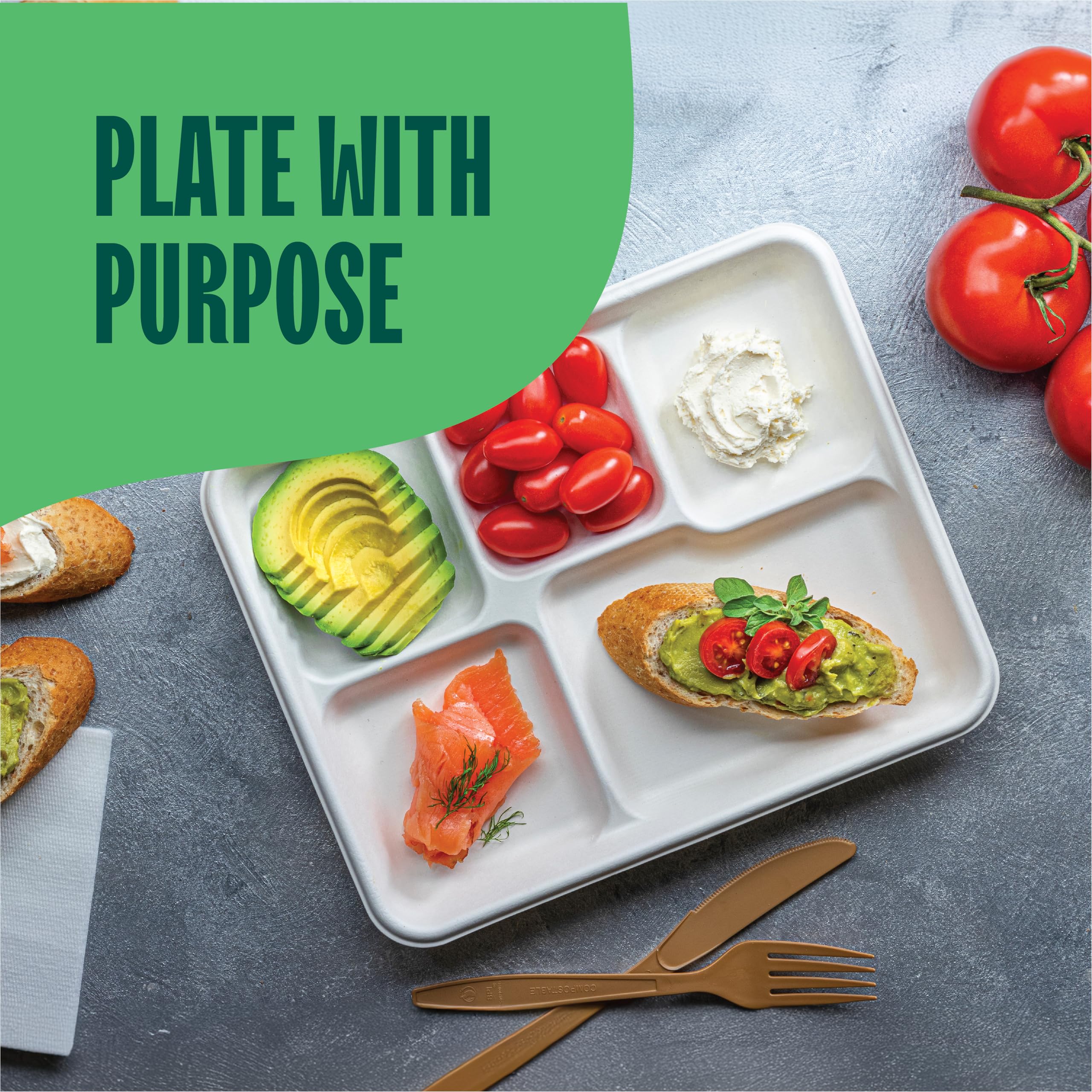 500-Pack 100% Compostable 5-Compartment Disposable Paper Plates - Eco-Friendly School Lunch Trays 8