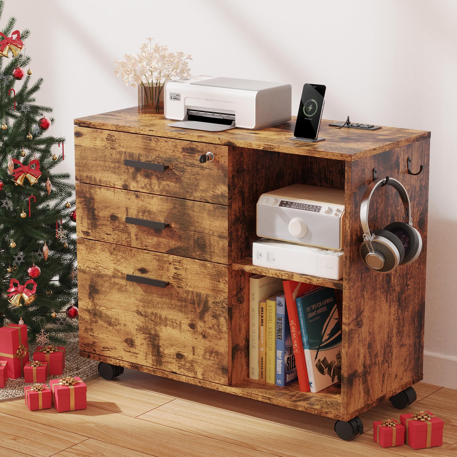 3-Drawer Wood File Cabinet with USB Charging Port & Lock - Home Office Storage Organizer with Open Shelves, Mobile Printer Cabinet - Perfect for Living Room, Study & Workspace Organization