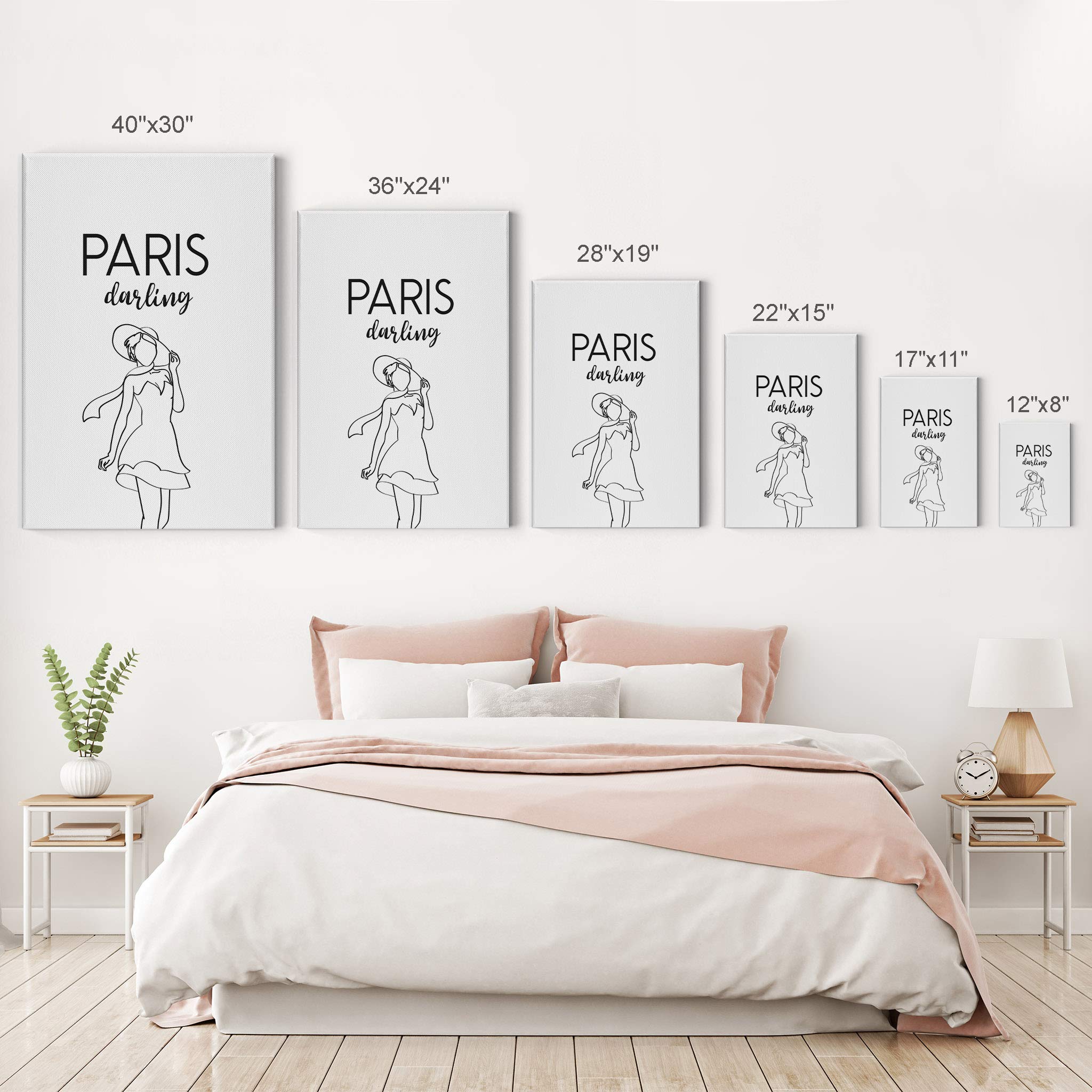 Smile Art Design Paris Darling Quote Black and White Lady Sketch Glam Fashion Canvas Print Wall Art - 36x24 Inches Ready to Hang - Perfect for Office, Bathroom, Teen Girl Room, Women's Dorm, Bedroom & Living Room Wall Decor