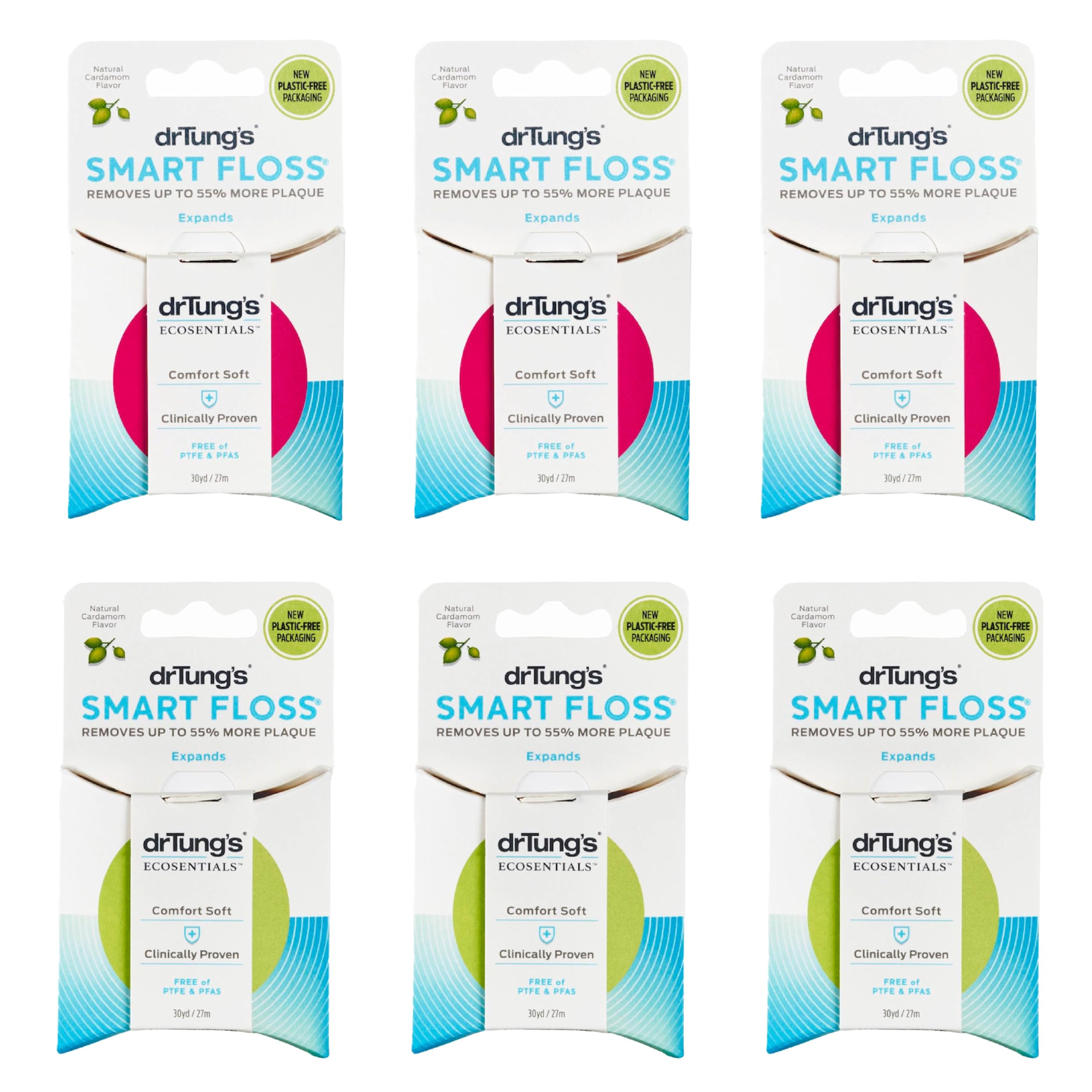 DrTung's Smart Floss - Natural Expanding Dental Floss | PTFE & PFAS Free | Gentle on Gums | BPA Free | Cardamom Flavor (Pack of 6) | Perfect for Sensitive Teeth & Tight Spaces | Ideal for Travel & Daily Oral Care