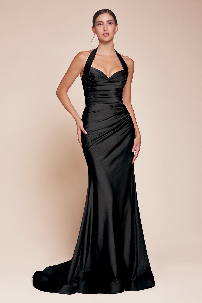 Black Stretch Spandex Satin Halter Fitted Dress for Women | Elegant Autumn Evening Gown | Perfect for Cocktail Parties, Date Nights & Formal Events