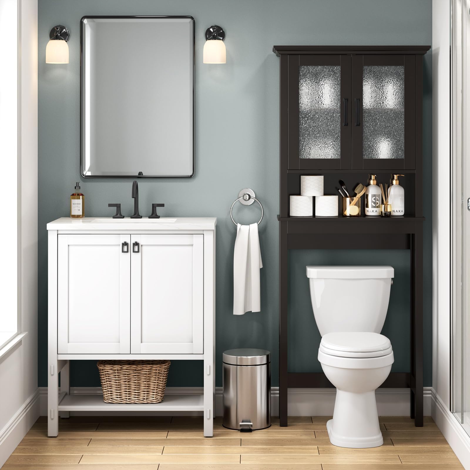 Over The Toilet Storage Cabinet with Glass Doors & Adjustable Shelf - Thick Frame Bathroom Organizer for Above/Behind Toilet - Espresso Finish - Perfect for Small Bathrooms, Apartments & Space-Saving Storage Solutions