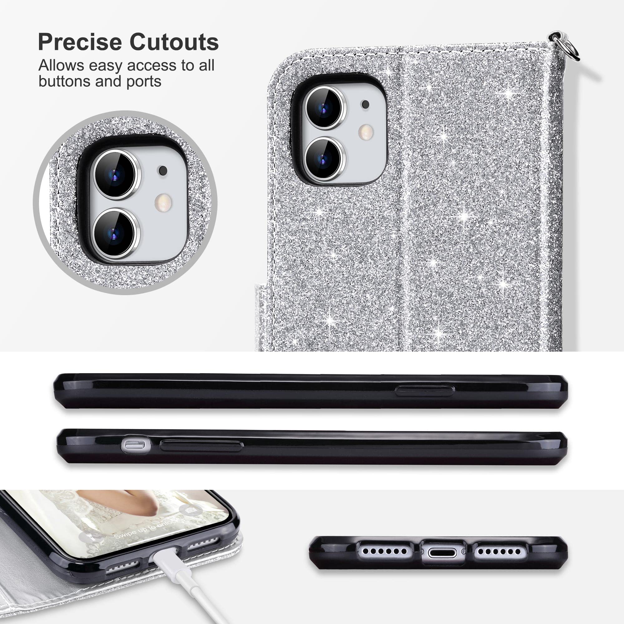 ULAK iPhone 11 Wallet Case for Women - PU Leather Flip Cover with Card Holder, Kickstand & Magnetic Closure | Protective TPU Interior Purse Case for iPhone 11 6.1 Inch (Silver) | Perfect for Daily Use, Travel & Hands-Free Viewing