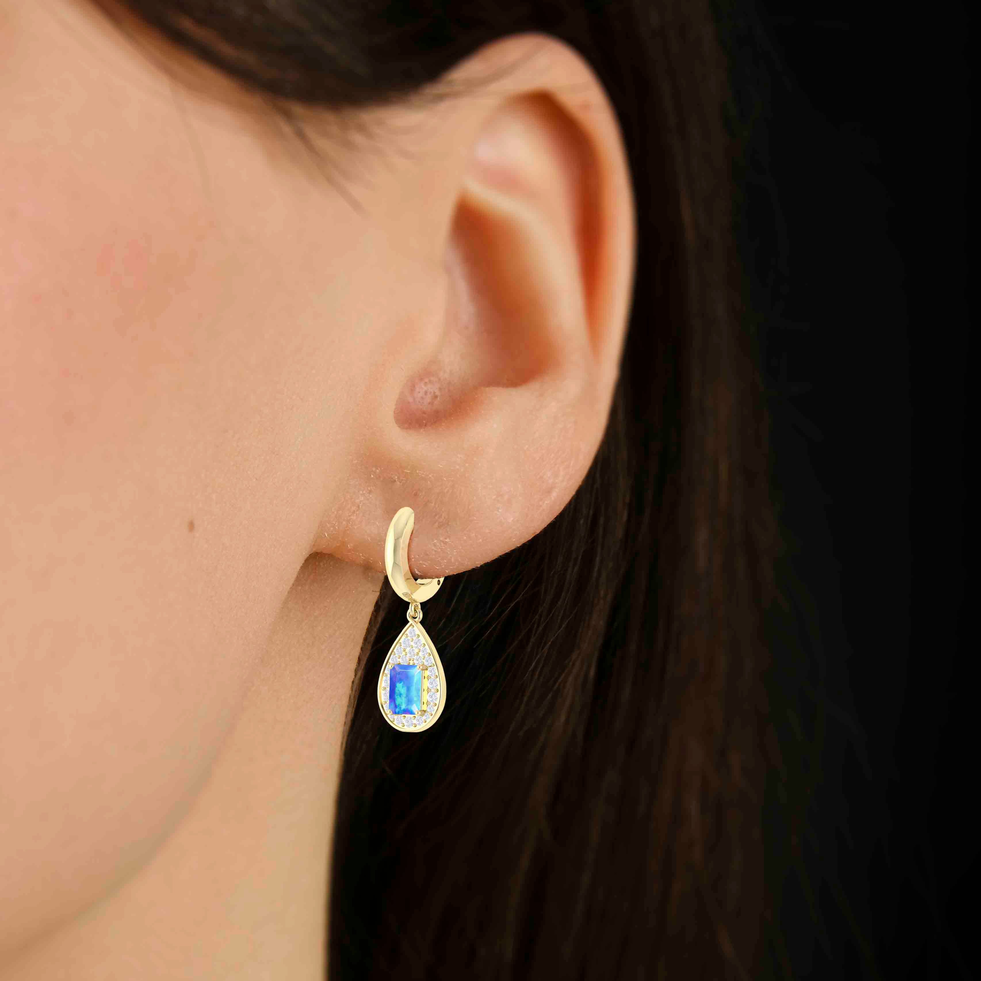 Natural Blue Opal Hoop Drop Earrings for Women - Elegant Dangle Jewelry for Party, Wedding & Special Occasions