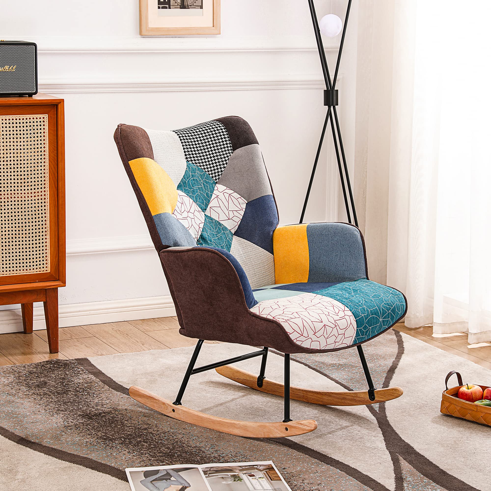 HomVent Upholstered Rocking Chair - Mid Century Modern Fabric Nursery Glider with Tall Back & Wood Base - Comfortable Accent Armchair for Adults & Kids - Perfect for Living Room, Bedroom, Nursery & Relaxation