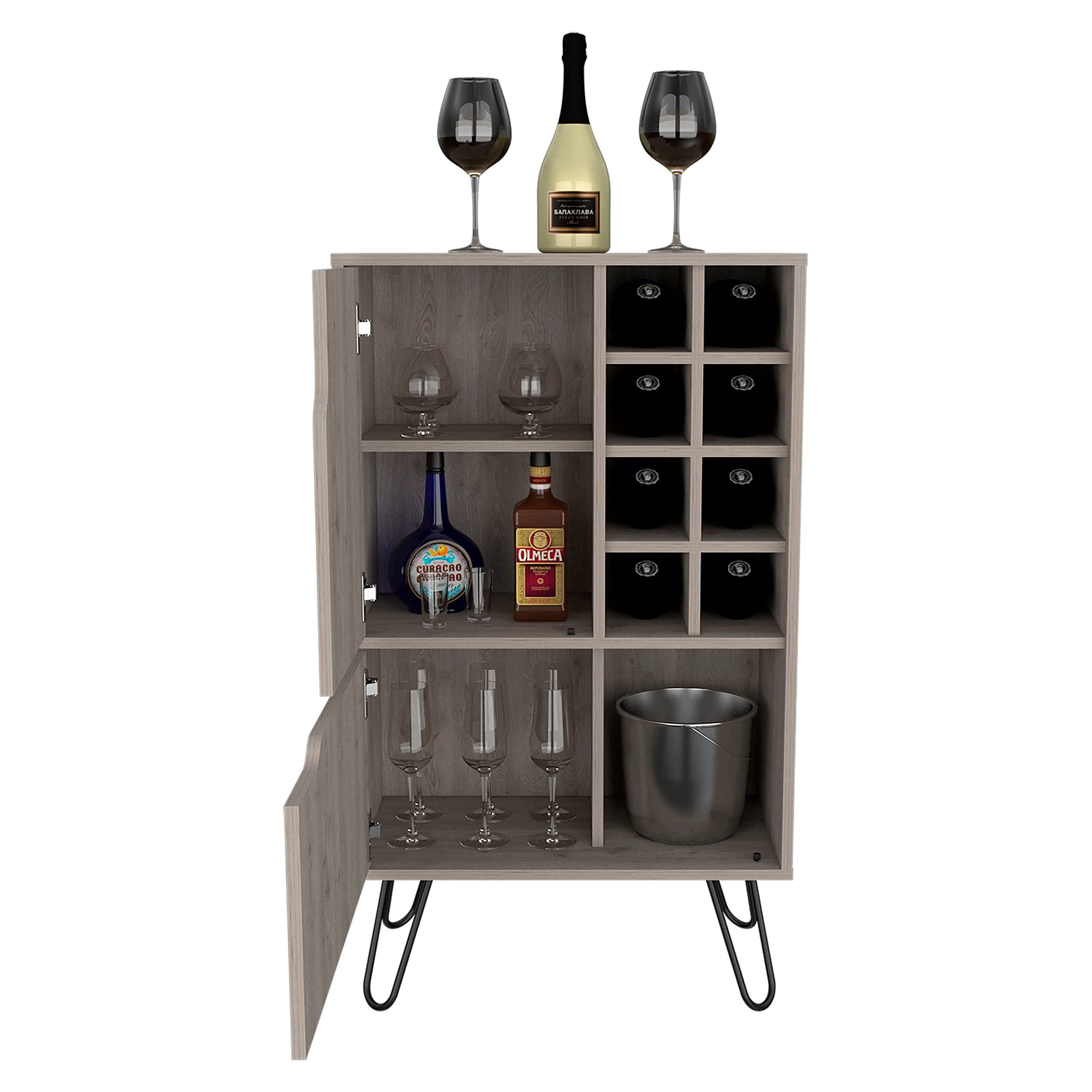 Sheffield L-Shaped Bar Cabinet with 2 Doors, 4 Adjustable Shelves & 8 Storage Cubbies - Modern Hairpin Legs in Light Gray | Perfect for Home Bar, Living Room & Dining Room Storage
