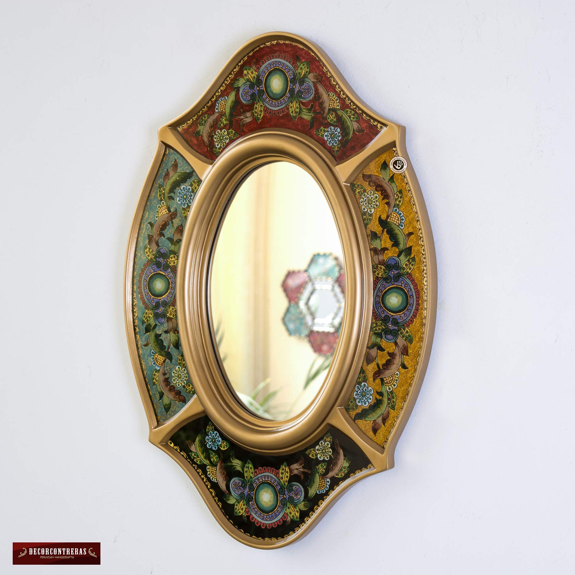 Handpainted Gold Wood Frame Oval Wall Mirror - Peruvian Ornate Decorative Accent Mirror for Living Room, Bedroom & Entryway Decor