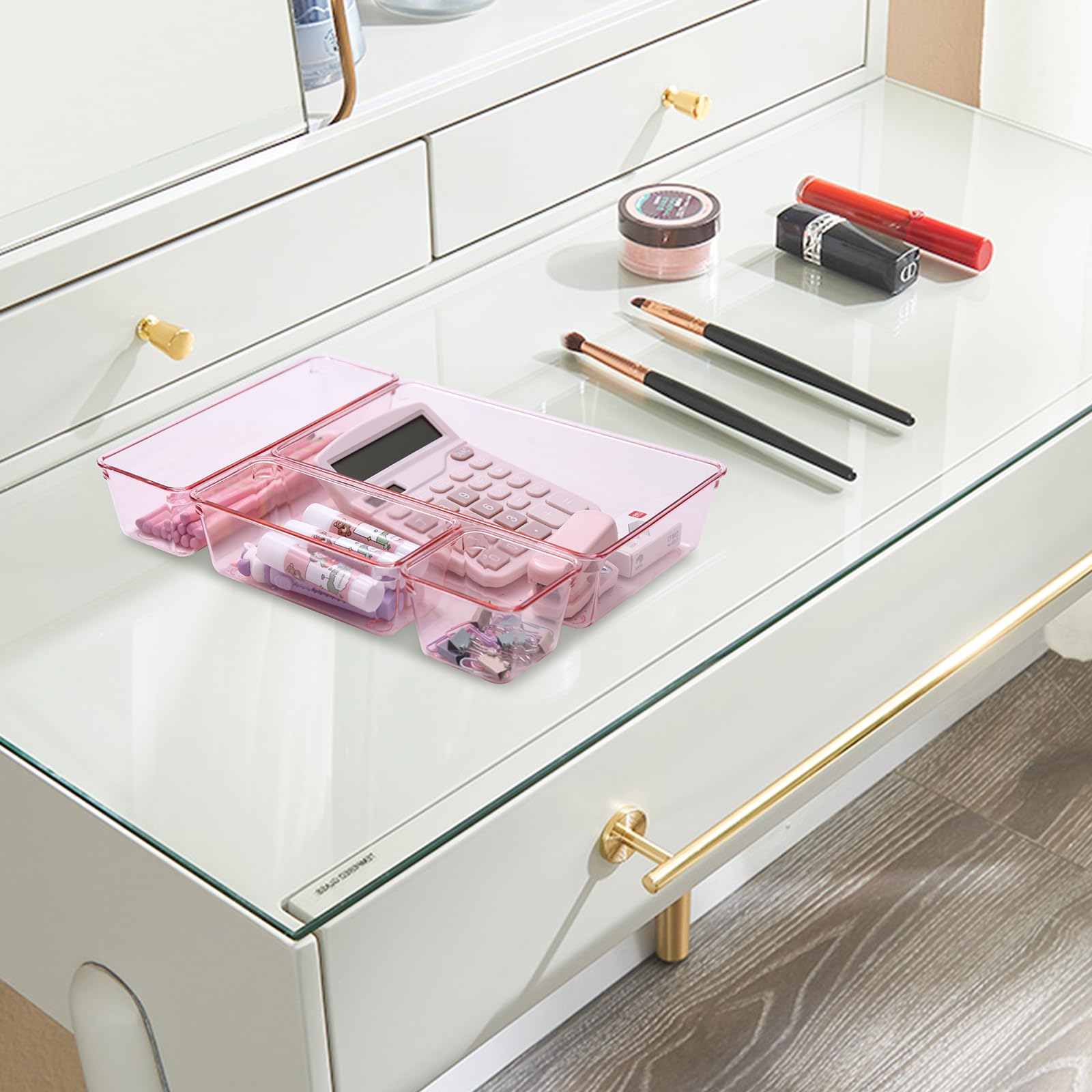 25-Piece Plastic Drawer Organizer Set - 4-Size Bathroom & Vanity Storage Trays for Makeup, Jewelry, Kitchen Utensils & Office Supplies | Space-Saving Pink Organizer Bins for Bedroom, Bath & Home Organization
