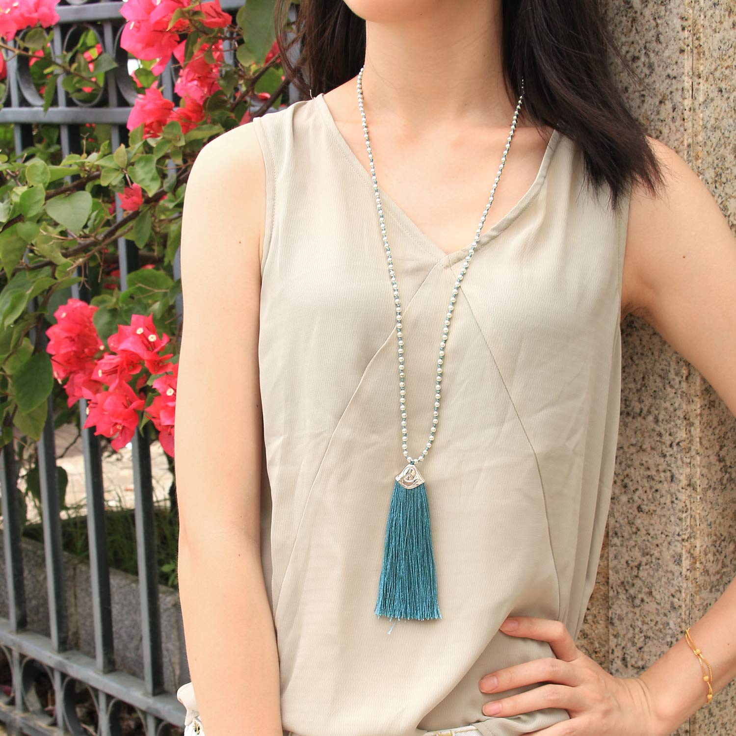 KELITCH 925 Silver Beaded Bohemian Necklace for Women with Tassel - Perfect for Boho Style, Festival, and Casual Wear