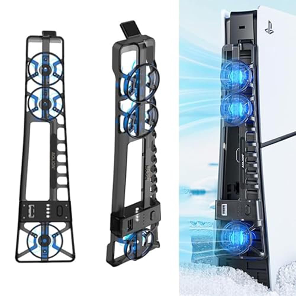 PS5 Cooling Fan with LED Light - Adjustable Speed (3 Modes) & USB Port Memory Function for PS5 Pro/PS5 Slim/PS5 - External Cooler System for Enhanced Gaming Performance & Console Protection