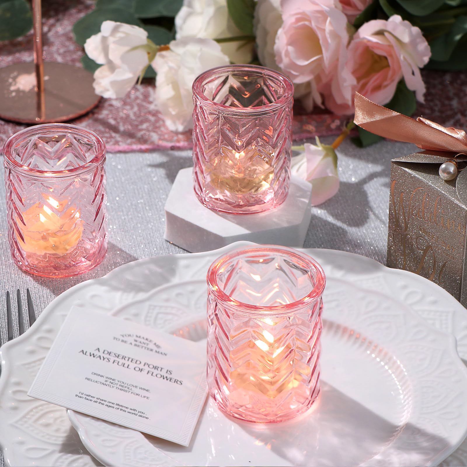 12 Pack Pink Glass Candle Holders - Elegant Votive Tealight Holders for Wedding, Baby Shower & Mother's Day Decor - Romantic Table Centerpiece for Home, Party & Special Occasions