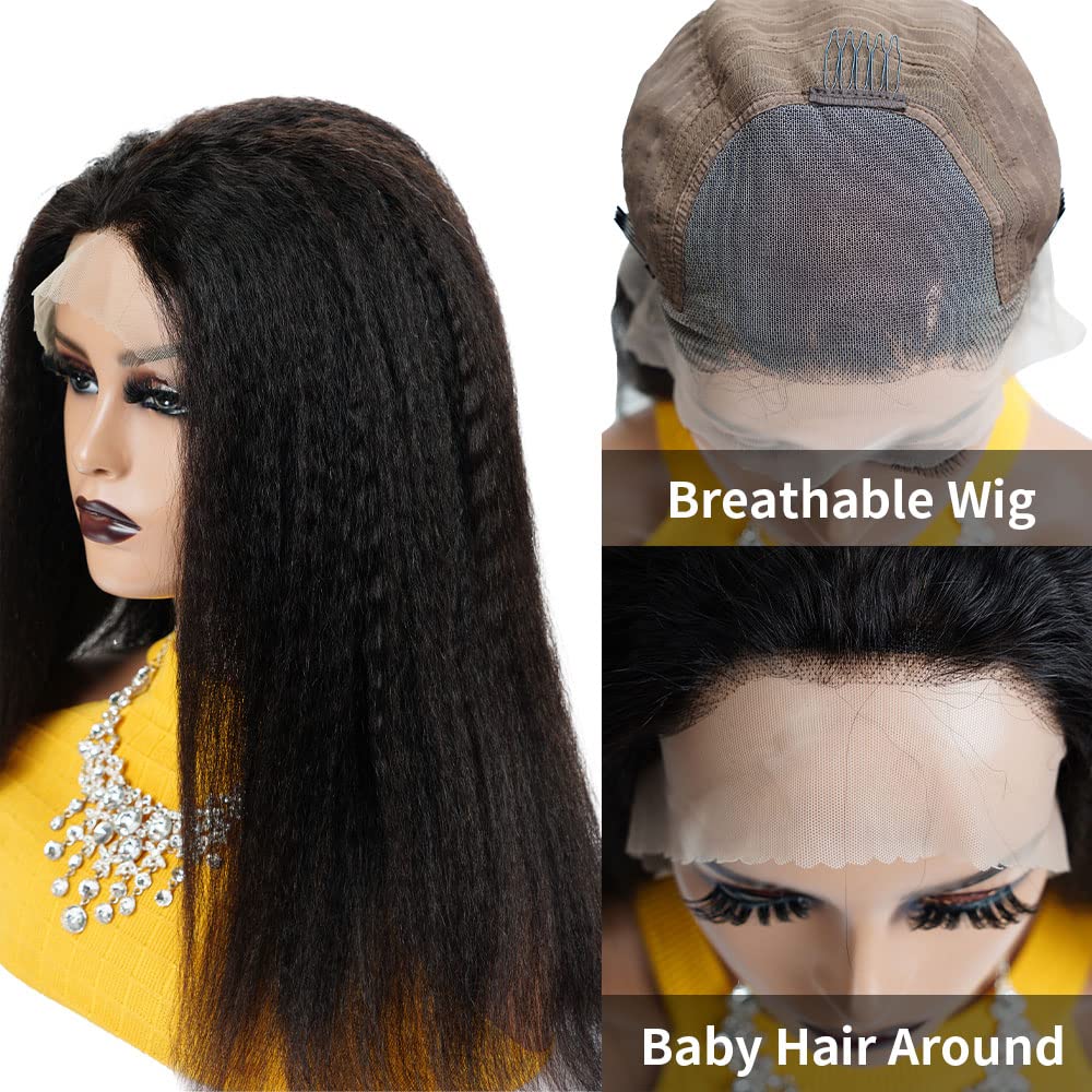 13X4 Kinky Straight Lace Front Wigs Human Hair for Women - 26 Inch Glueless Pre Plucked Hairline with Baby Hair - 180% Density Yaki Straight Lace Wigs Natural Black - Perfect for Daily Wear, Cosplay & Special Occasions