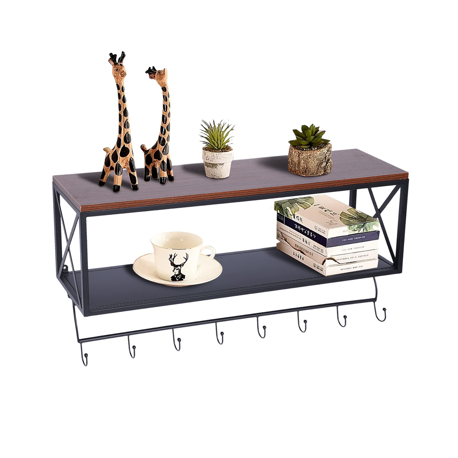 31 Inch Floating Wall Shelves with Towel Bar - Rustic Wood Storage Shelves for Bathroom & Kitchen - 2 Tier Spice Rack with Hooks - Perfect for Organizing Utensils, Towels & Decor (Ideal for Small Spaces & Farmhouse Style)