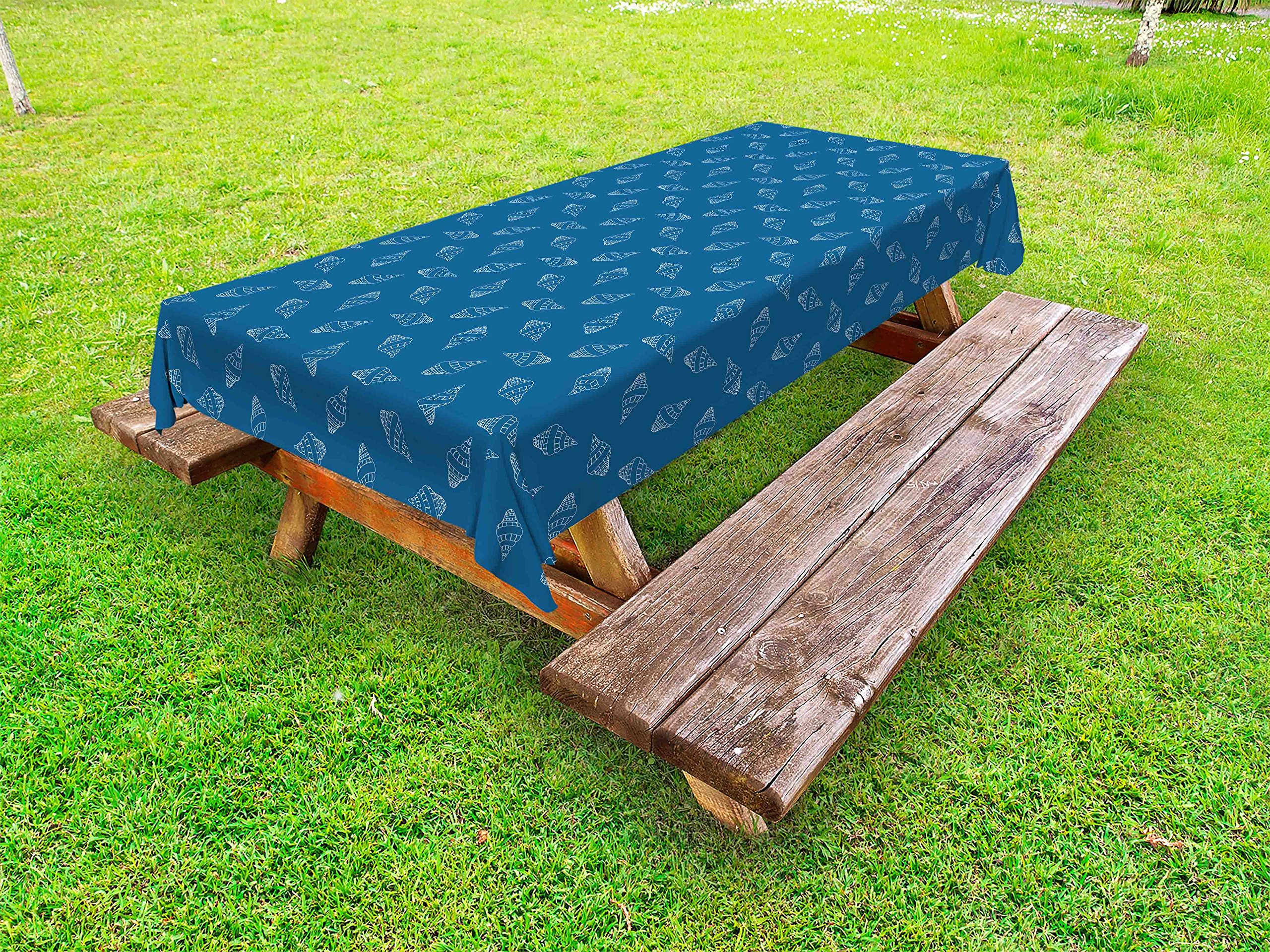 Ambesonne Blue and White Outdoor Tablecloth - Abstract Nautical Design with Hand-Drawn Seashells & Spiral Mollusk Patterns - Waterproof Washable Picnic Table Cover 58x84 Inches - Perfect for Beach Parties, Outdoor Dining & Backyard BBQs