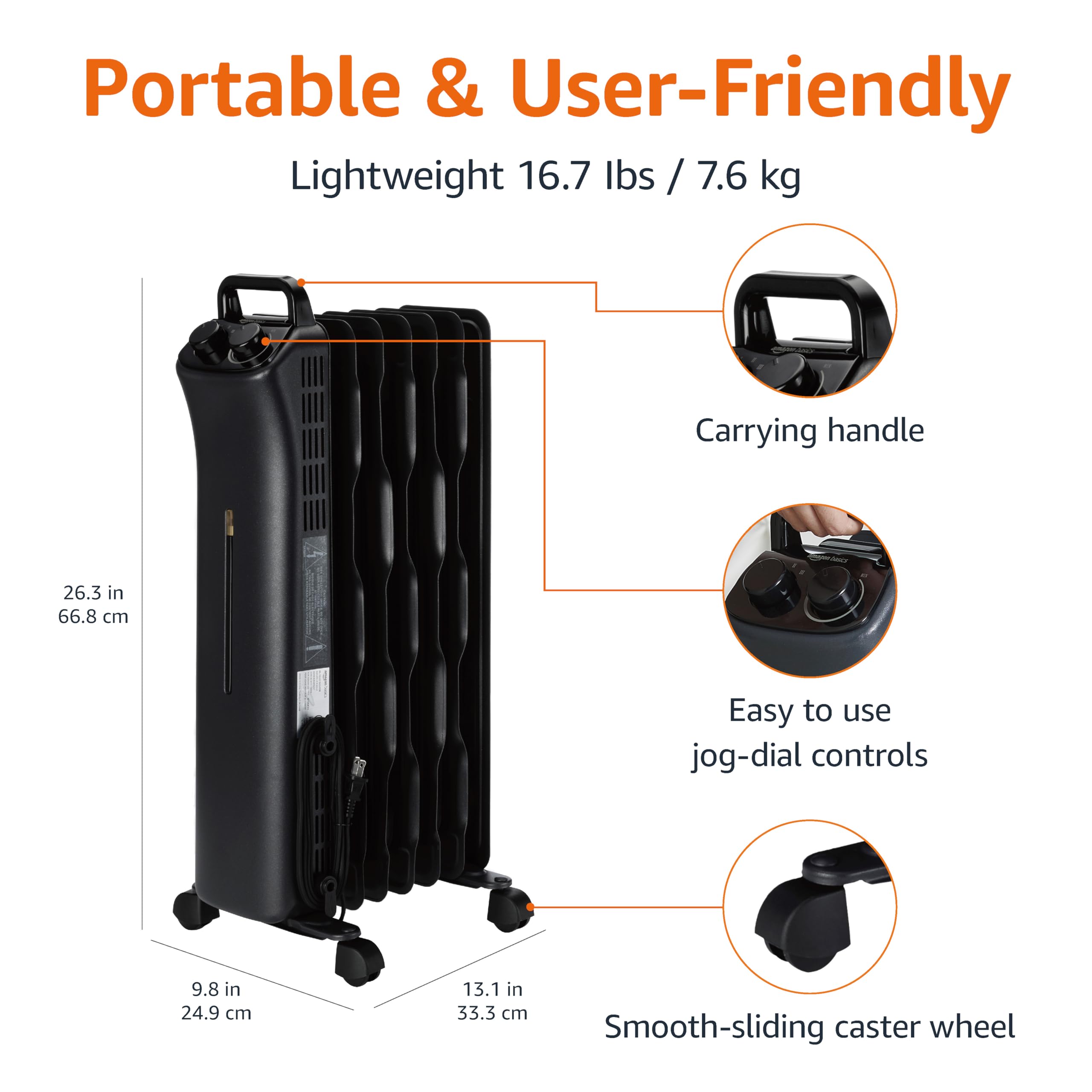 Amazon Basics 1500W Oil Filled Radiator Heater - Portable Space Heater with 7 Oil-Filled Fins, 3 Heat Settings & Thermostat - Tip-Over Protection & ETL Certified - Manual Control Indoor Heater for Bedroom, Office, Living Room - Black