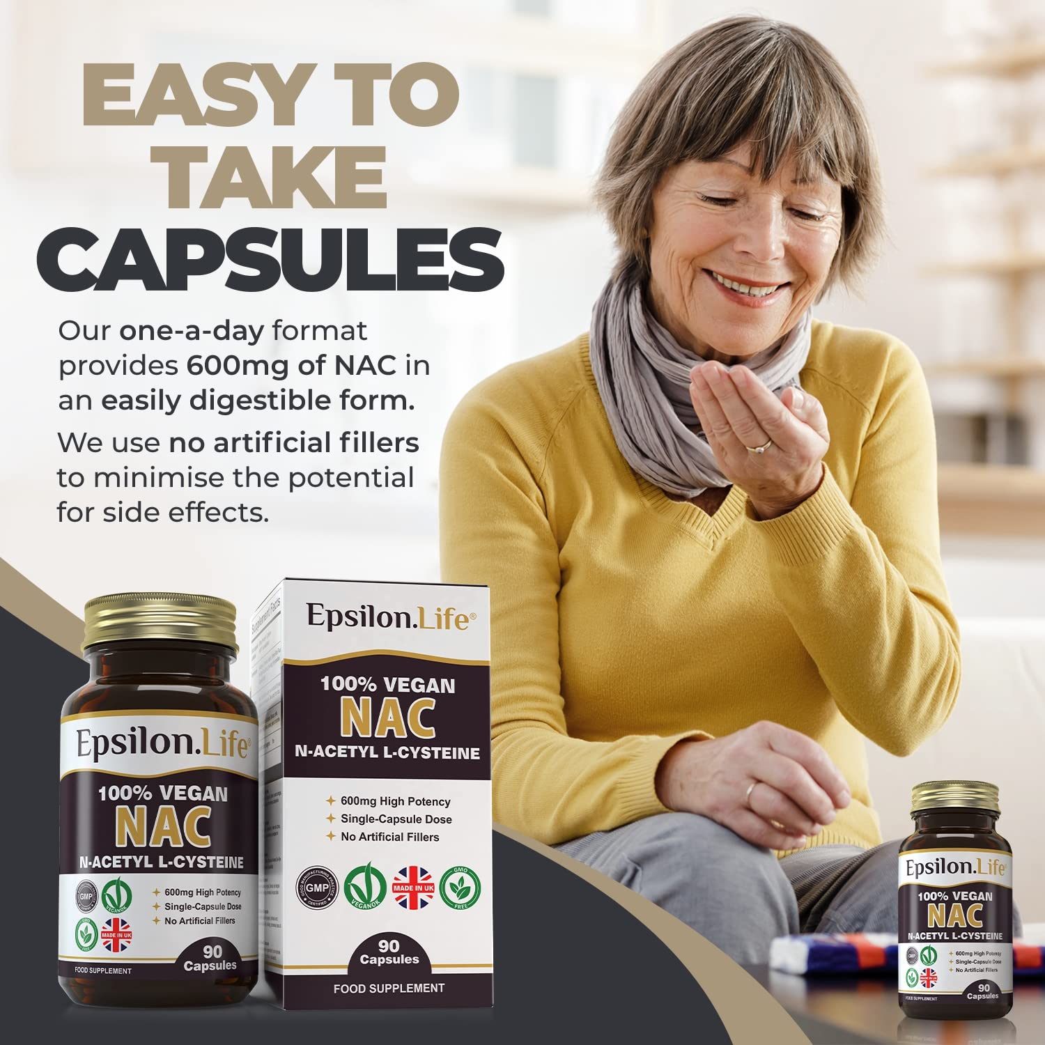 NAC N-Acetyl-Cysteine 600mg Vegan Capsules - 90 Count Glutathione Support Supplement | UK Made, No Artificial Fillers, Pure NAC with Rice Flour | Antioxidant Support for Liver Health & Immune System