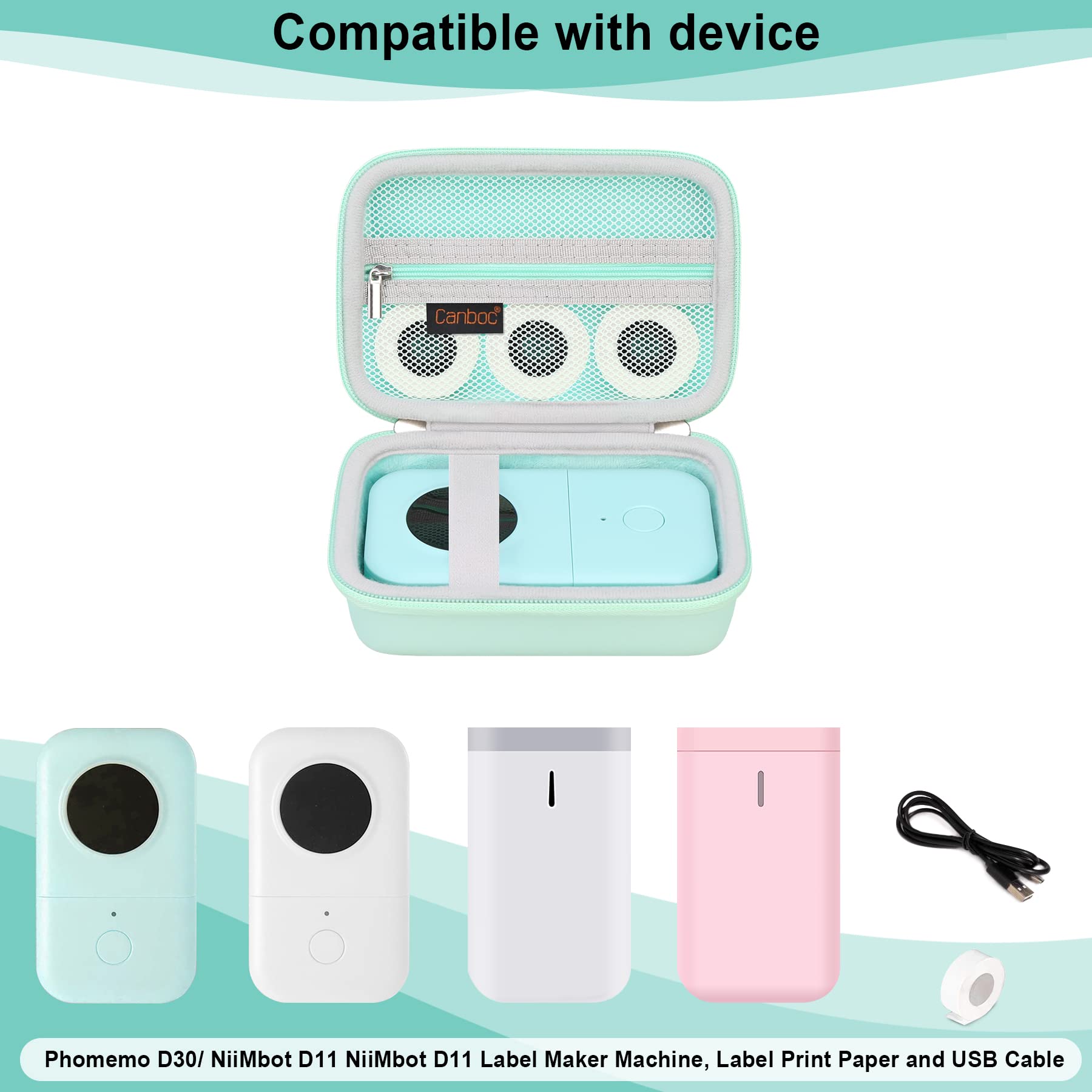Canboc Hard Protective Case for Phomemo D30 D35, Memoking D30, NIIMBOT D11 Label Makers - Portable Storage Bag for Bluetooth Thermal Mini Label Printer, Label Paper, Tapes & Cables (Mint Green) - Perfect for Office, Home & Travel Organization