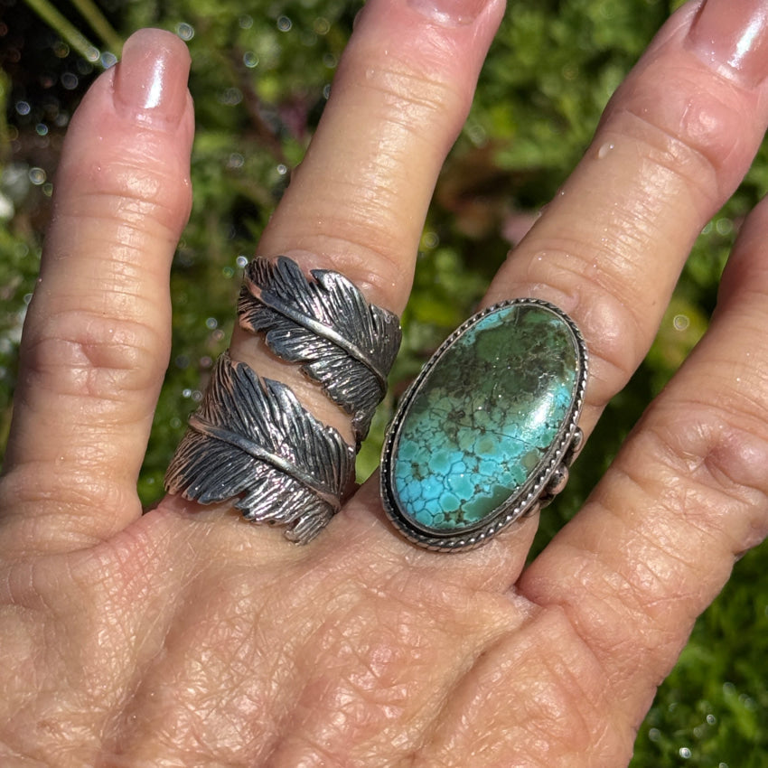 Sterling Silver Bypass Ring with Navajo Feather Design - Size 7 | Elegant Handmade Jewelry for Women, Perfect for Weddings, Anniversaries & Boho Fashion