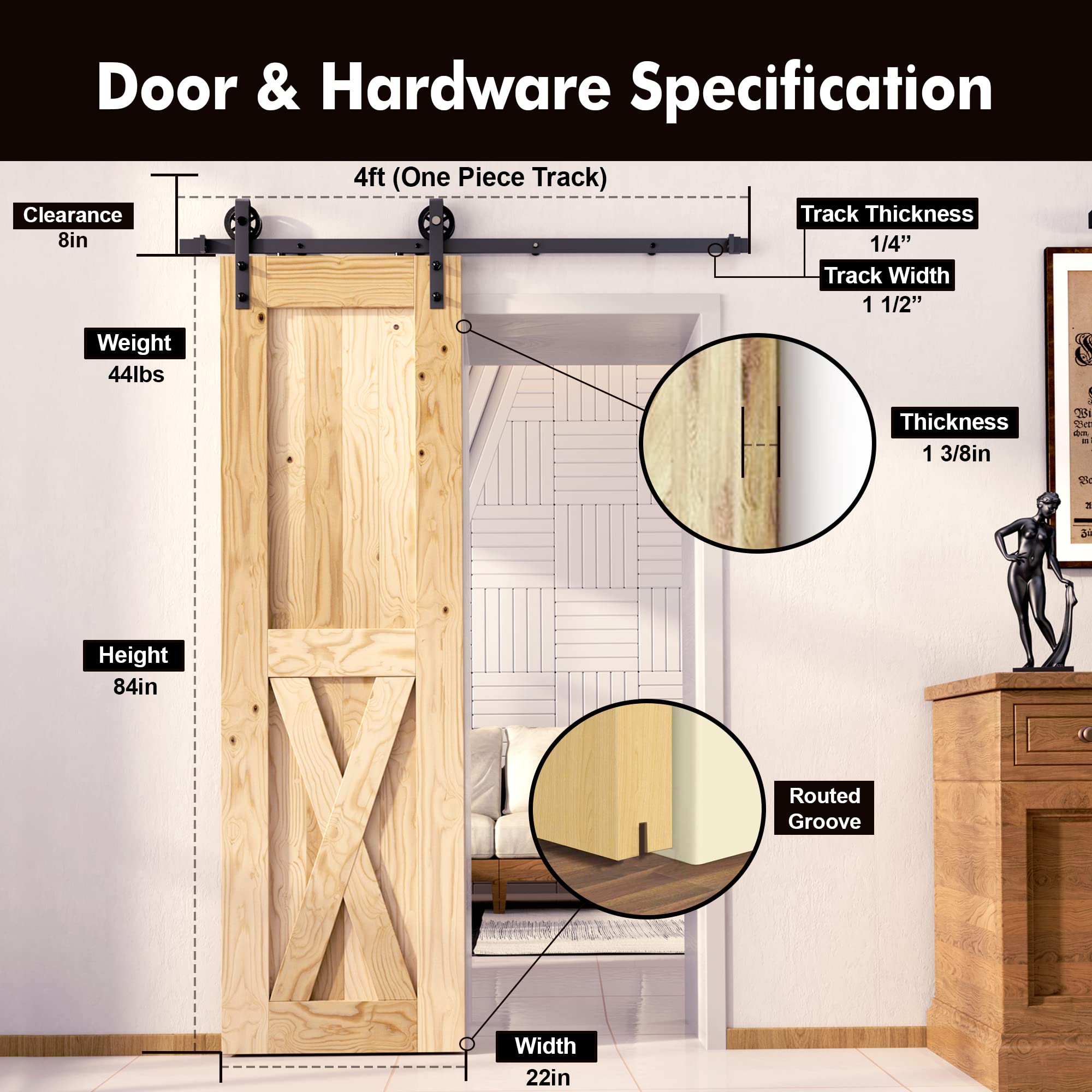 Homacer Black Rustic Non-Bypass Sliding Barn Door Kit with 4ft Flat Track & Spoke Wheel Rollers - Single Door Hardware for 22