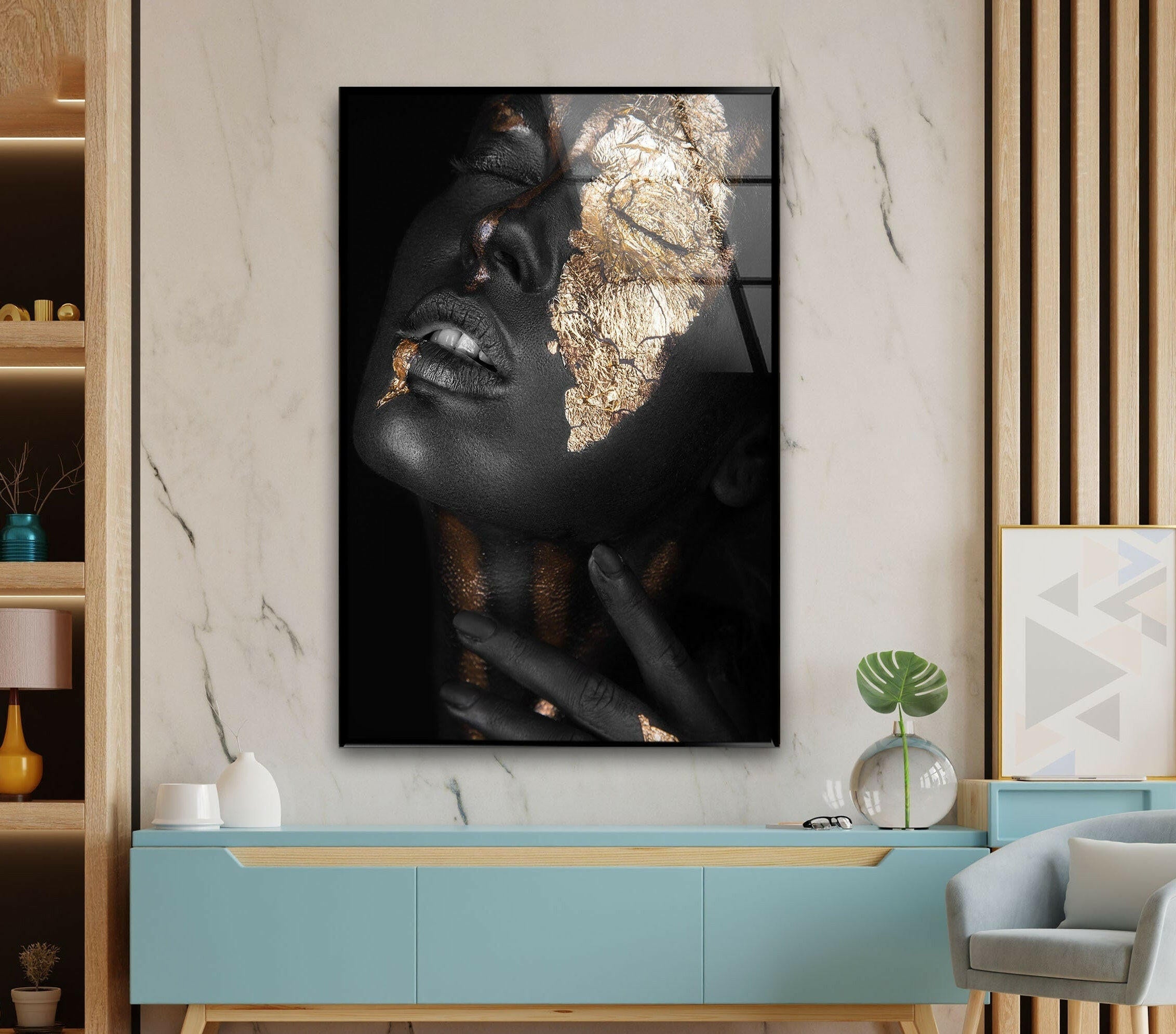 Elegant Black Woman Gold Glass Wall Art - Modern Home Decor for Living Room, Bedroom & Office
