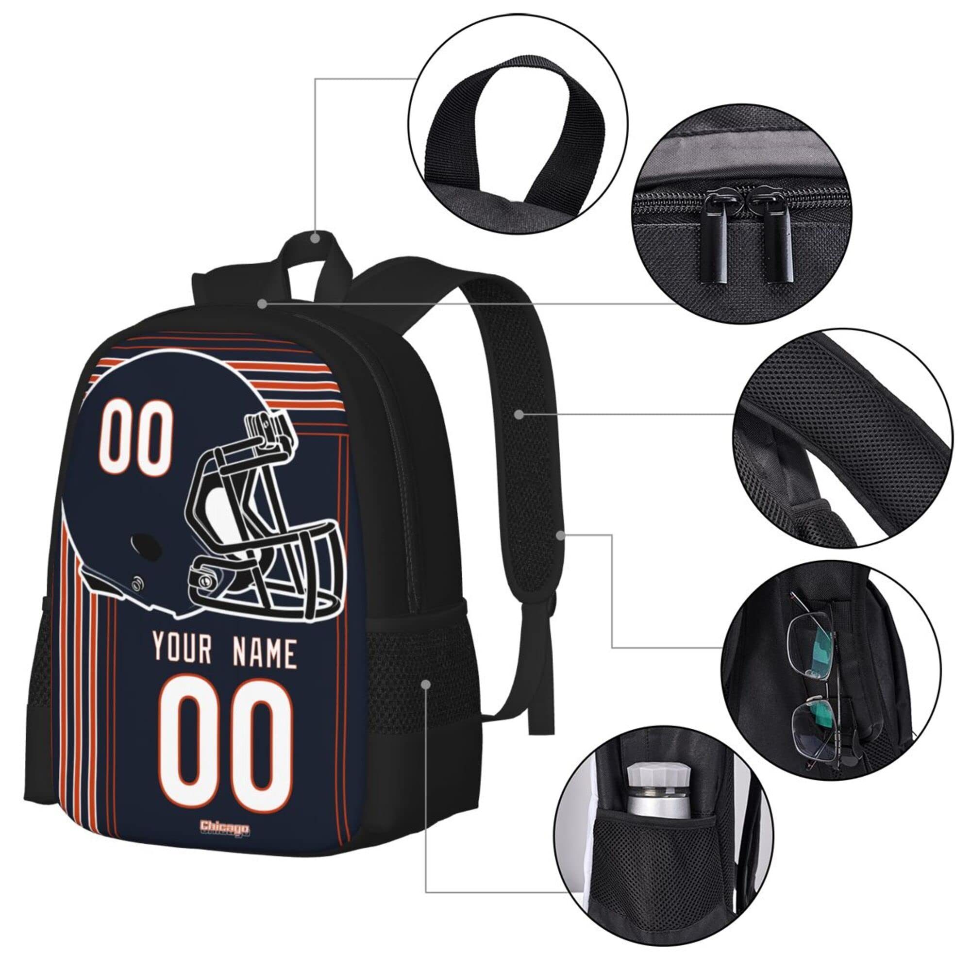 ANTKING Chicago Backpack - Customizable High Capacity Backpack with Personalized Name & Number - Perfect Gift for Kids, Men & Sports Fans - Ideal for School, Travel & Game Day