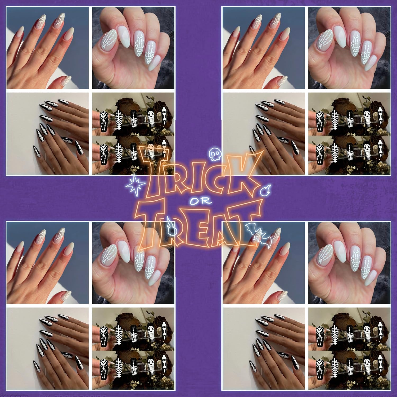 2 Sheets Halloween Nail Art Stickers - 5D Embossed White Skull & Skeleton Bones Nail Decals for Women - Spooky DIY Manicure Supplies for Halloween Parties, Cosplay & Nail Salon Designs