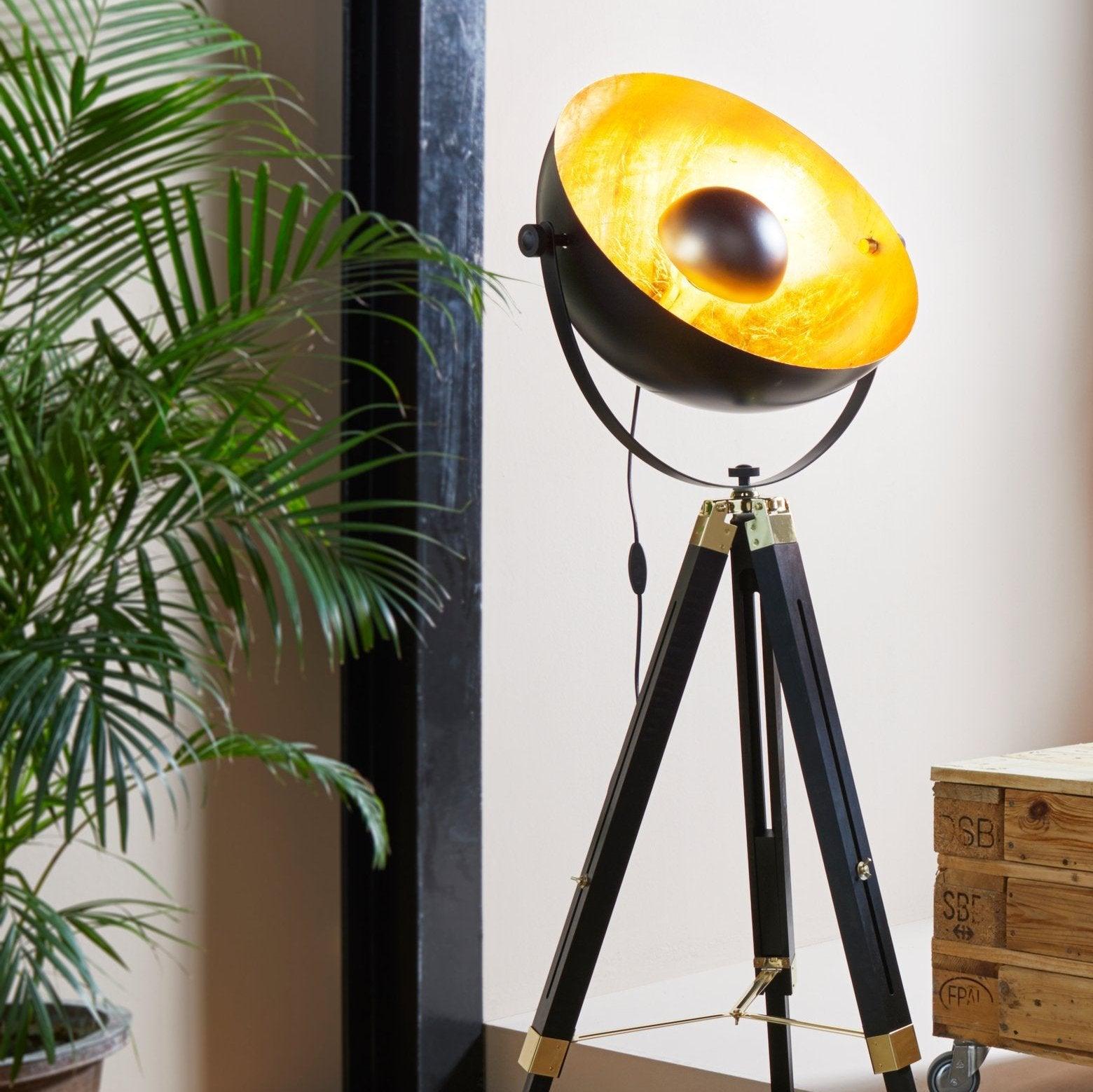 Eglo Covaleda Adjustable Tripod Floor Lamp - Black Wood & Gold Finish for Living Room, Bedroom, or Office Lighting