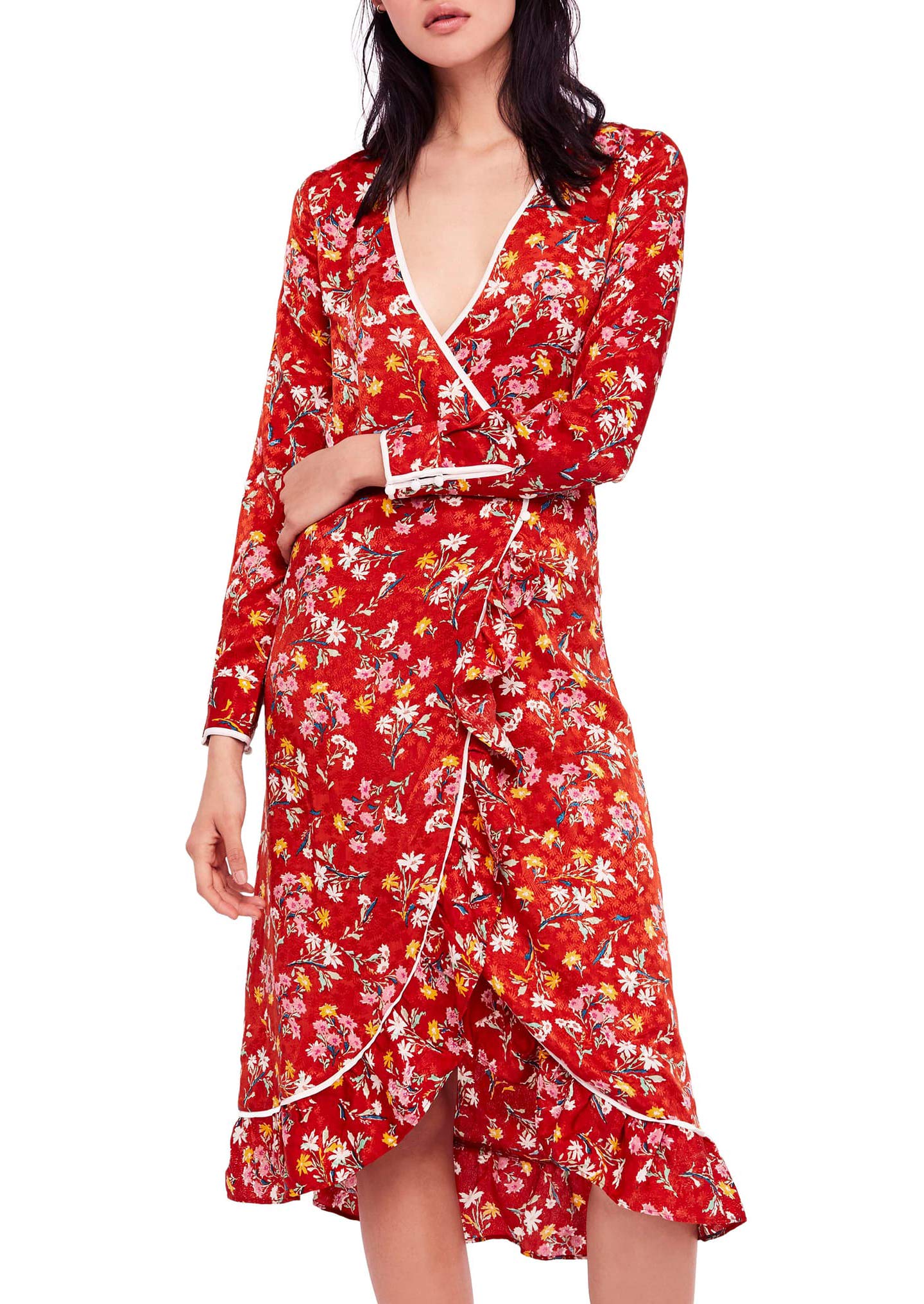 Free Women's Floral Ruffled Wrap Dress - Red Size 6 | Boho Summer Dress for Beach, Wedding & Date Night